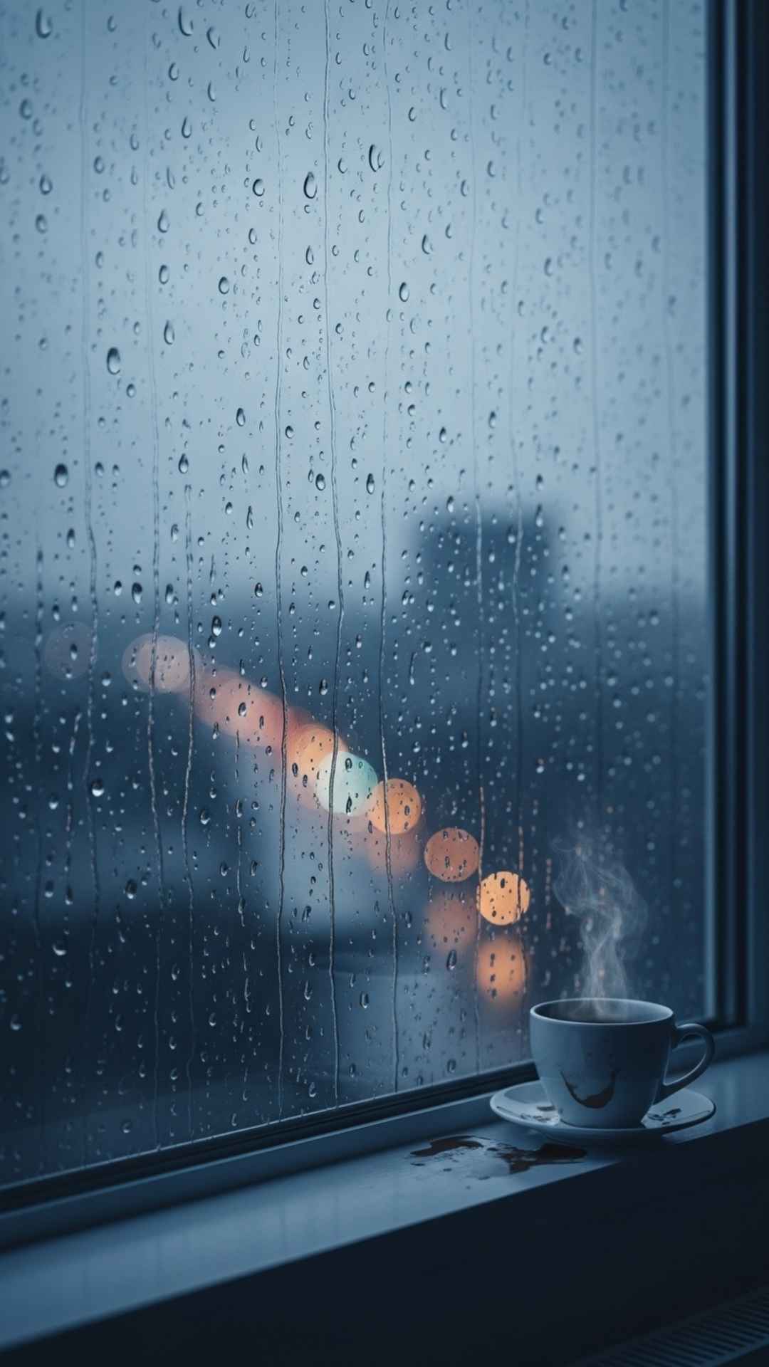 A lonely coffee cup on a windowsill with rain streaking down the glass, a beautiful and atmospheric Sad DP image - Lonely DP Images | Majekfilms.com
