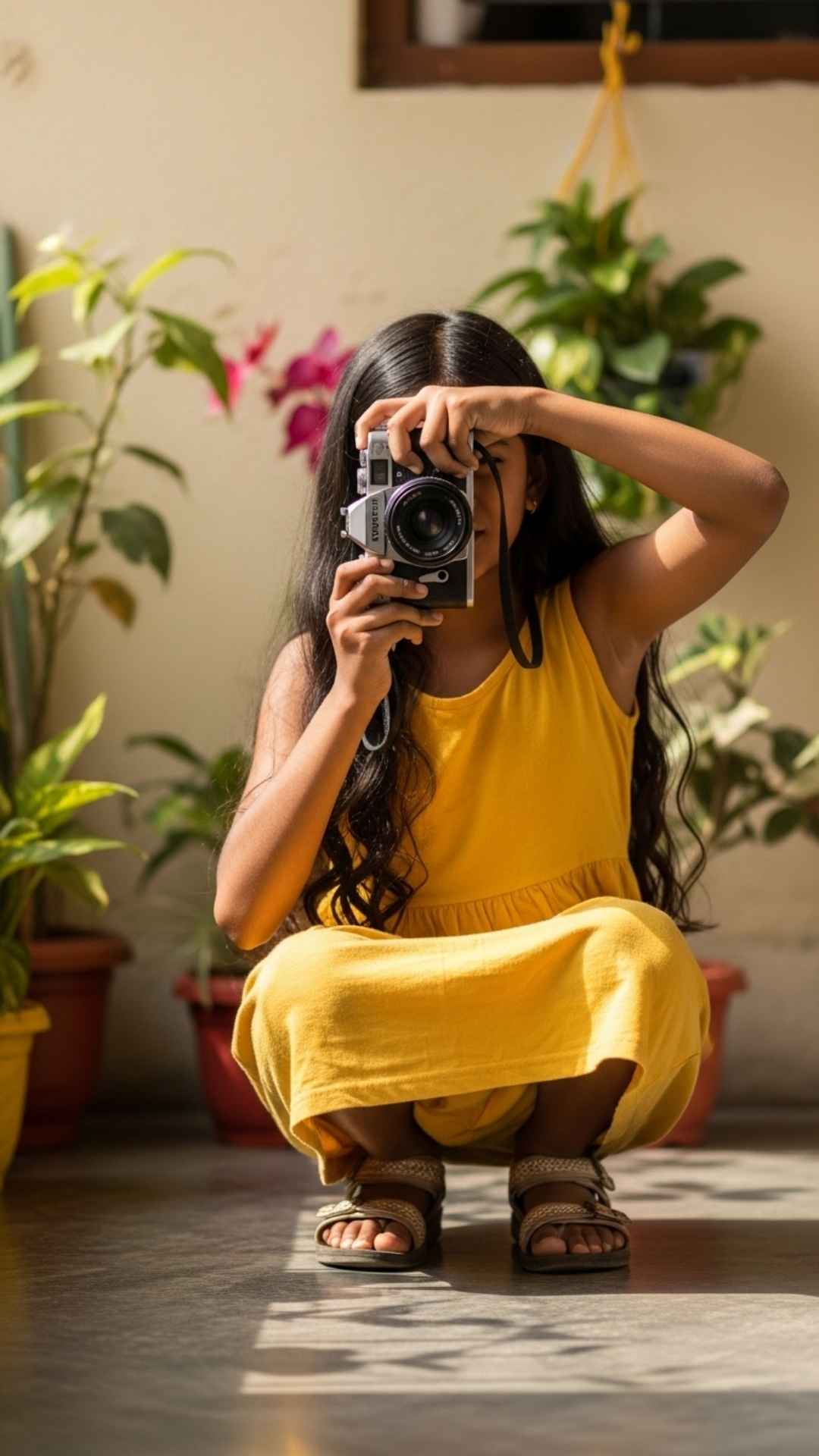 Simple hidden face WhatsApp DP for girls with camera, photography profile picture, creative obscured face DP, girl taking photo image.
