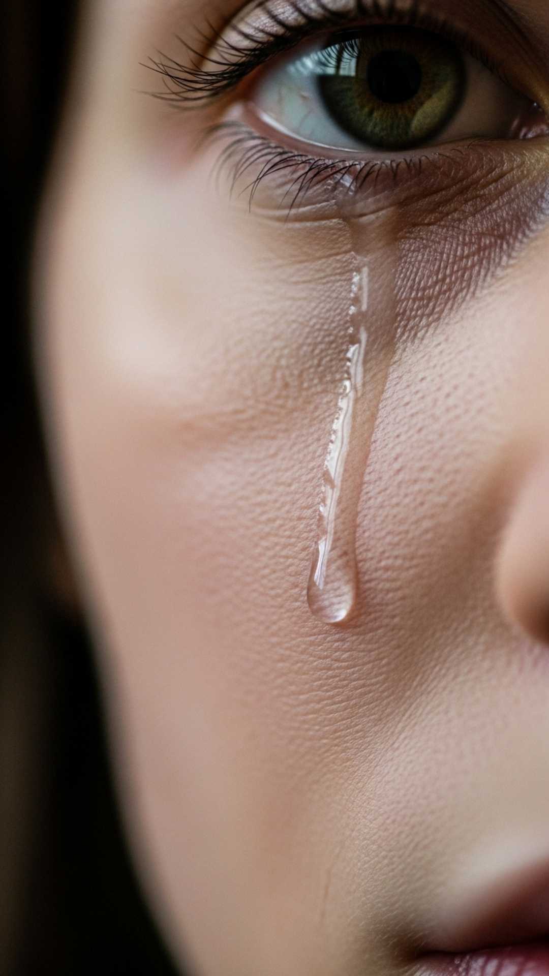 Close-up of a single tear rolling down a cheek, conveying deep sorrow and emotional pain without showing a full face.