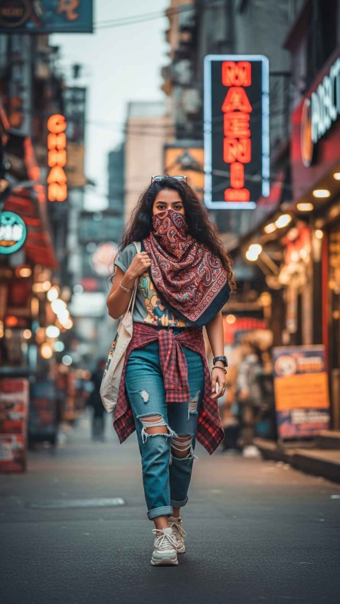 Trendy hidden face WhatsApp DP for girls with scarf, urban street style profile picture, cool obscured face DP, mysterious girl image.