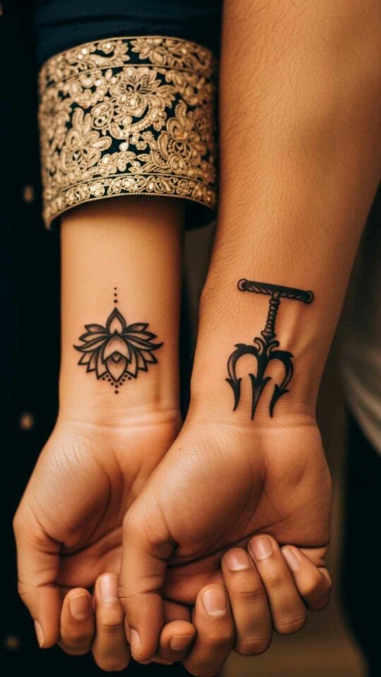 Indian couple showing off matching traditional wrist tattoos