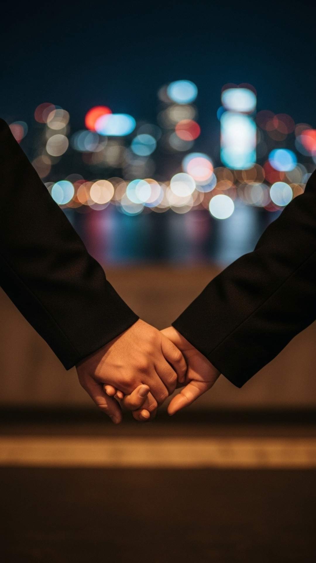 Hands holding, blurred city lights background, perfect for a couple WhatsApp DP.