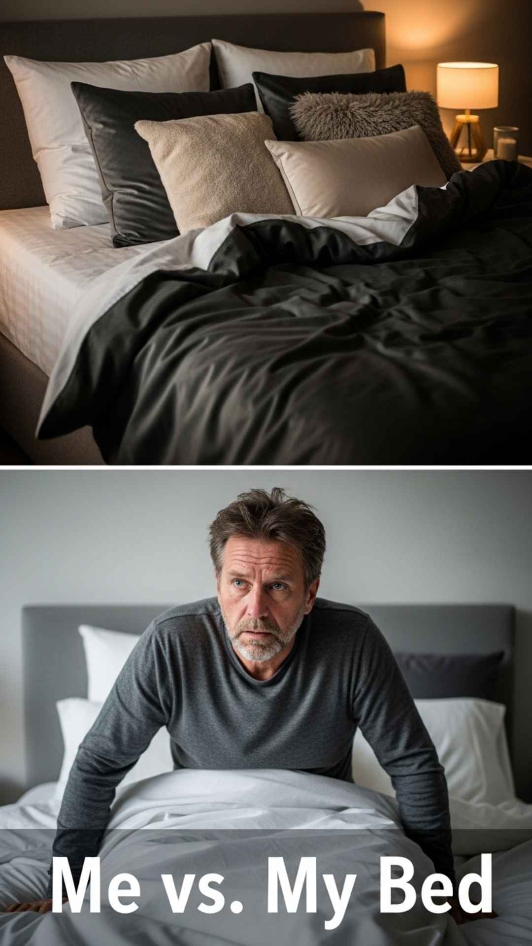 Humorous "Me vs. My Bed" split image, relatable funny WhatsApp DP.