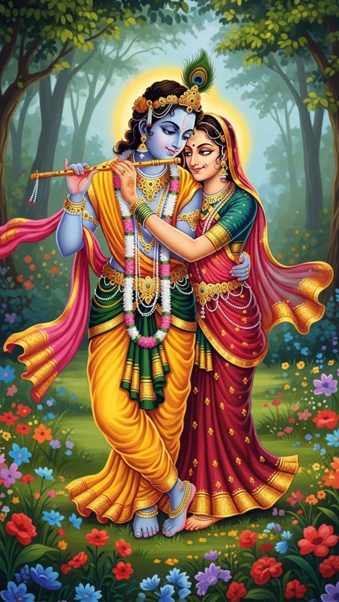 Radha Krishna in a loving pose, a vibrant religious WhatsApp DP.