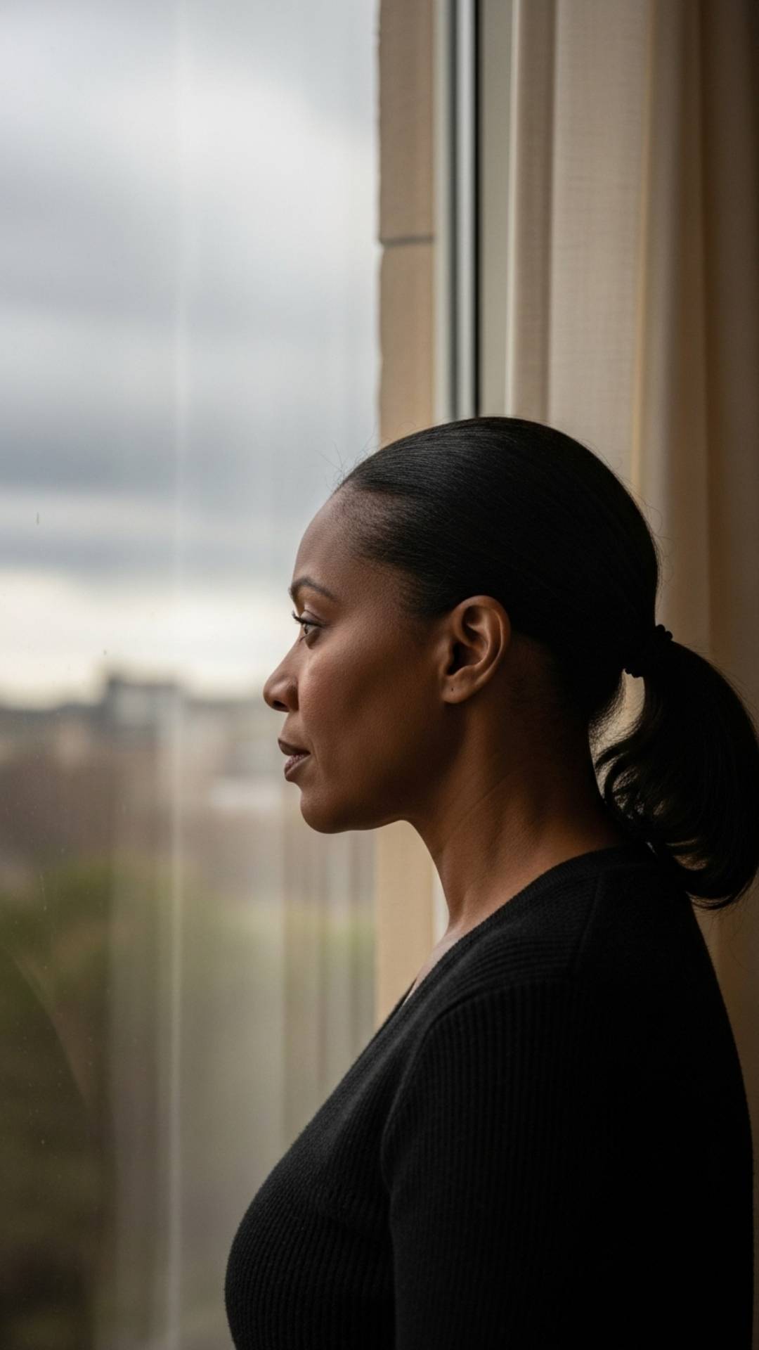 Person looking out a window on a cloudy, grey day, conveying a pensive, sad, and reflective mood.