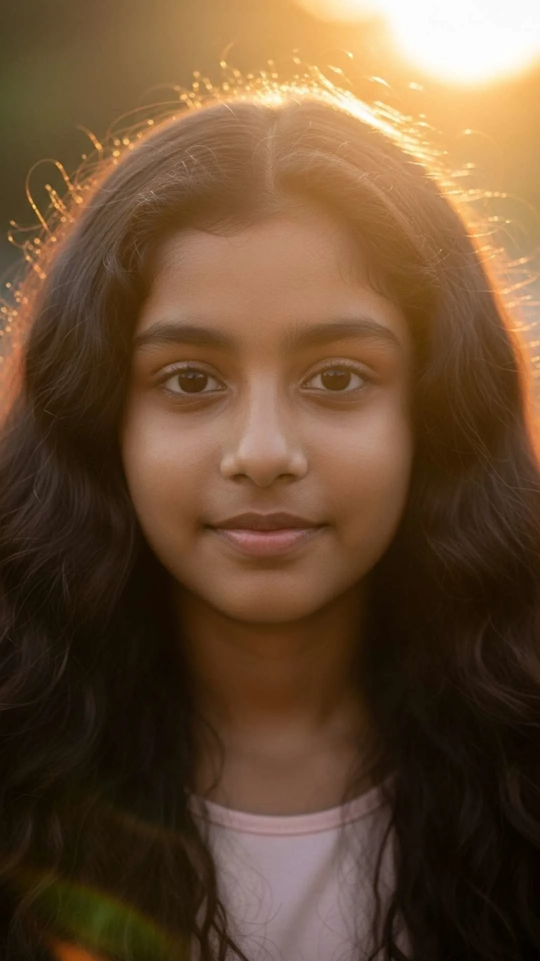 Aesthetic golden hour Instagram DP for girls, beautiful sunset glow, natural light portrait, serene Indian girl profile picture.