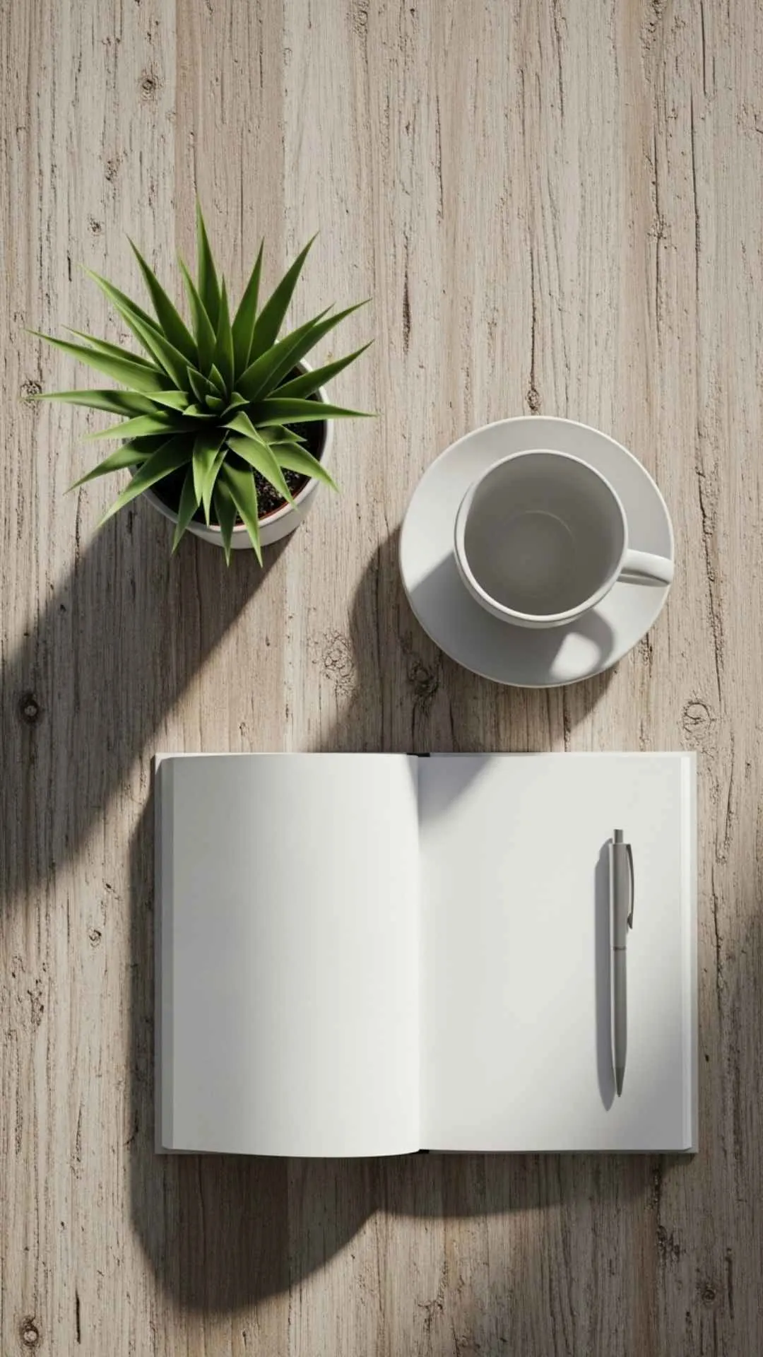 Minimalist unique aesthetic DP with a top-down view of coffee, book, and plant, reflecting a simple and sophisticated WhatsApp profile.
