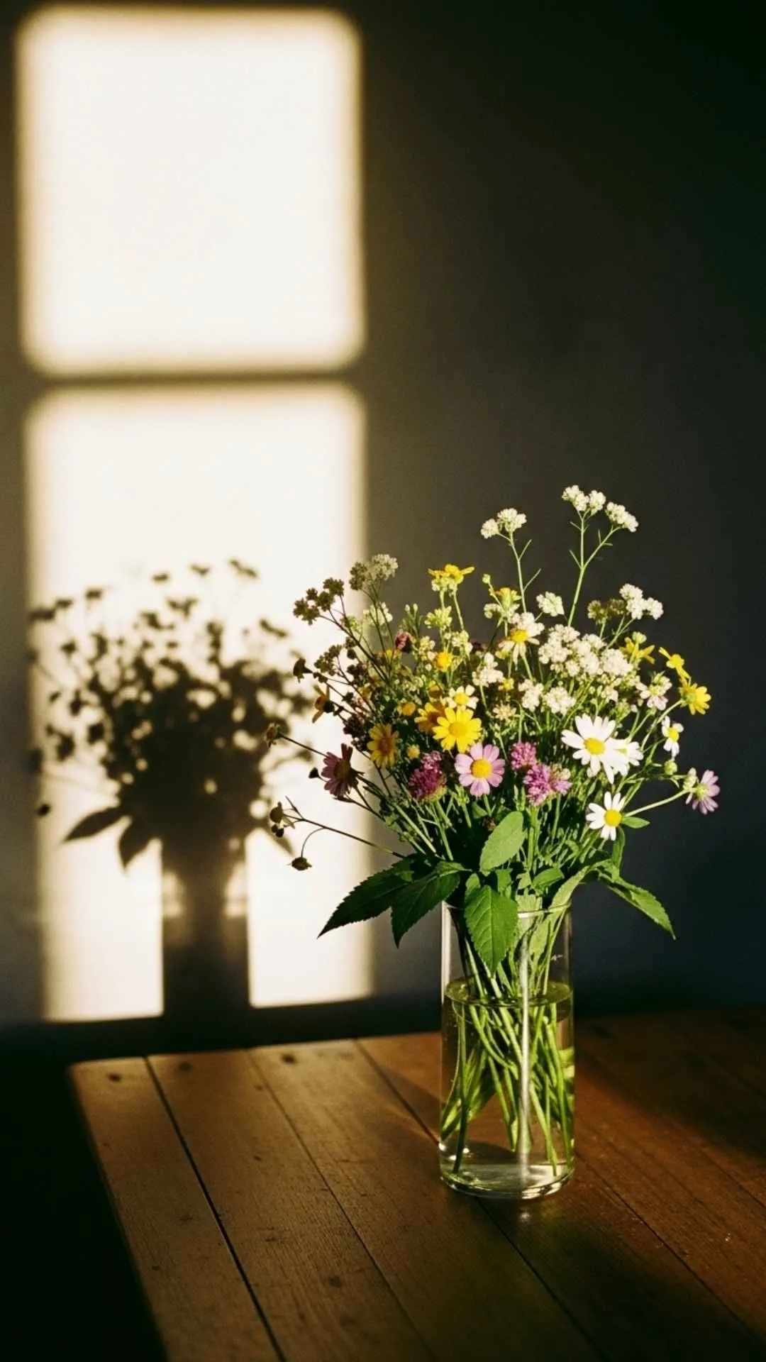 An aesthetic DP of wildflowers casting a long shadow on a wall, a minimalist and artistic profile picture with a vintage, calm vibe for Instagram.