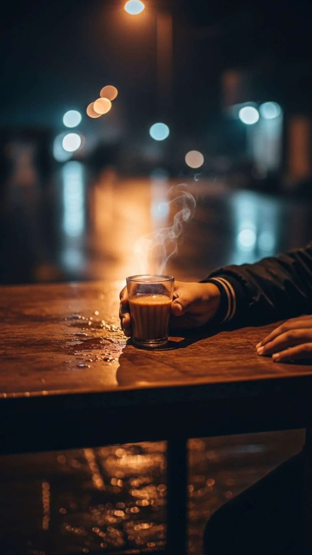 A boy's hand with a cup of chai at night, an atmospheric alone boy DP for WhatsApp