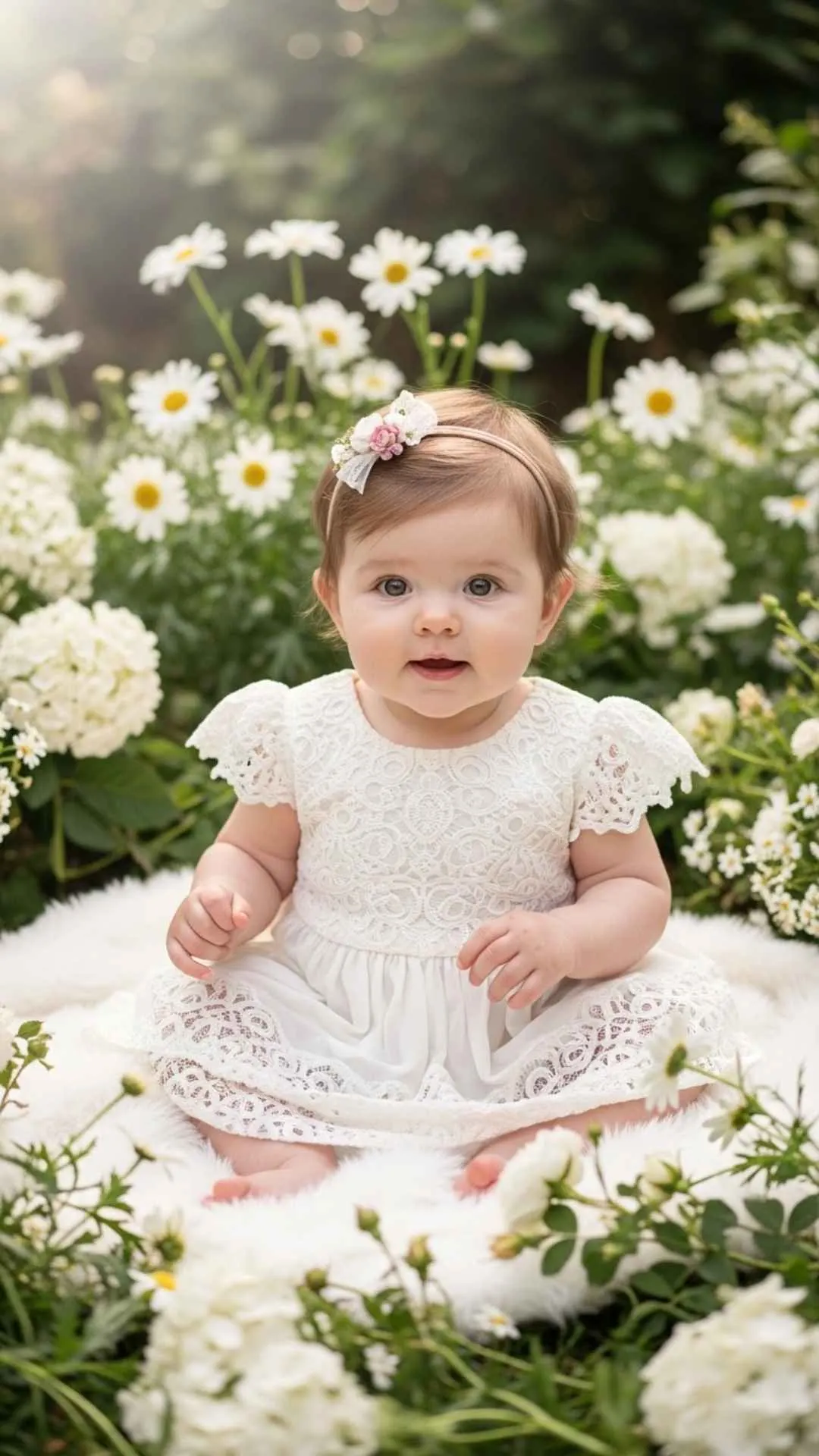 A profile picture of a baby girl in a white dress looking like a little angel, with a floral headband.