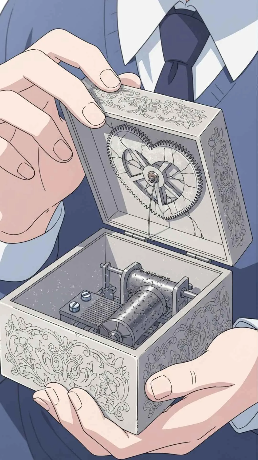 An emotional anime DP of a broken heart-shaped gear in a music box, symbolizing love and memories that have ended