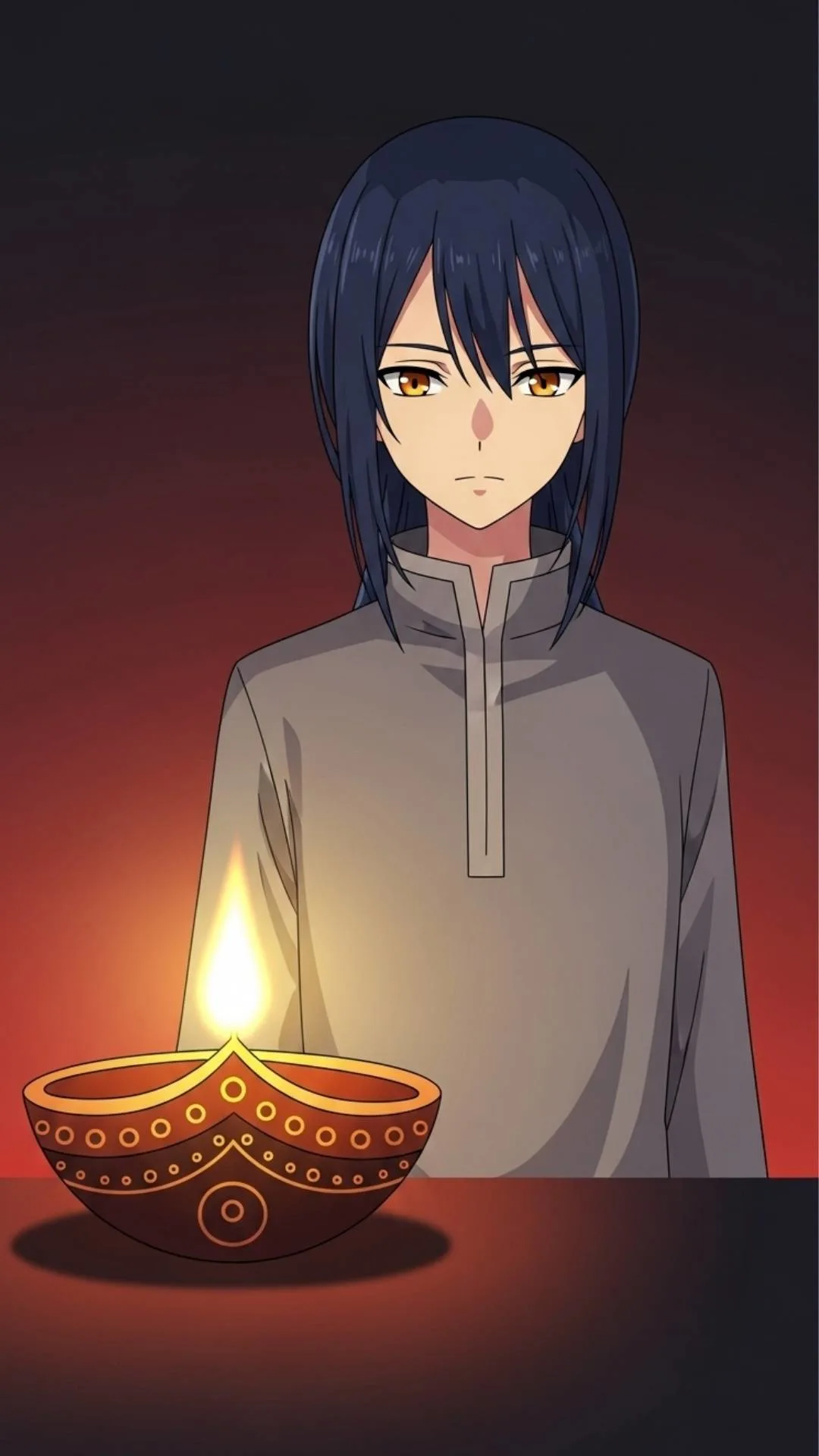 Anime festival DP, Diya lamp anime profile picture, Indian festival anime character, subtle Diwali anime DP.