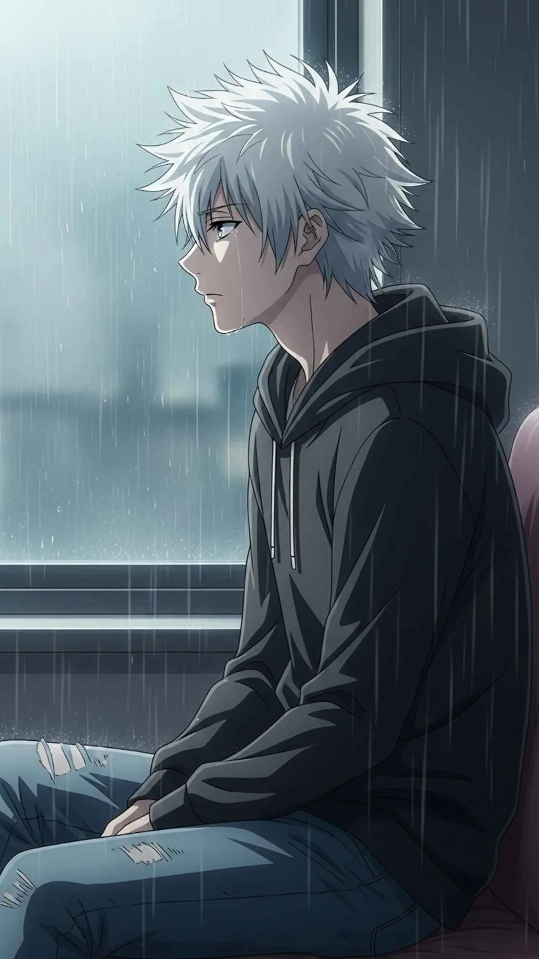 Sad anime DP for Instagram, melancholic anime profile picture, emotional anime character in rain, mood off anime DP.