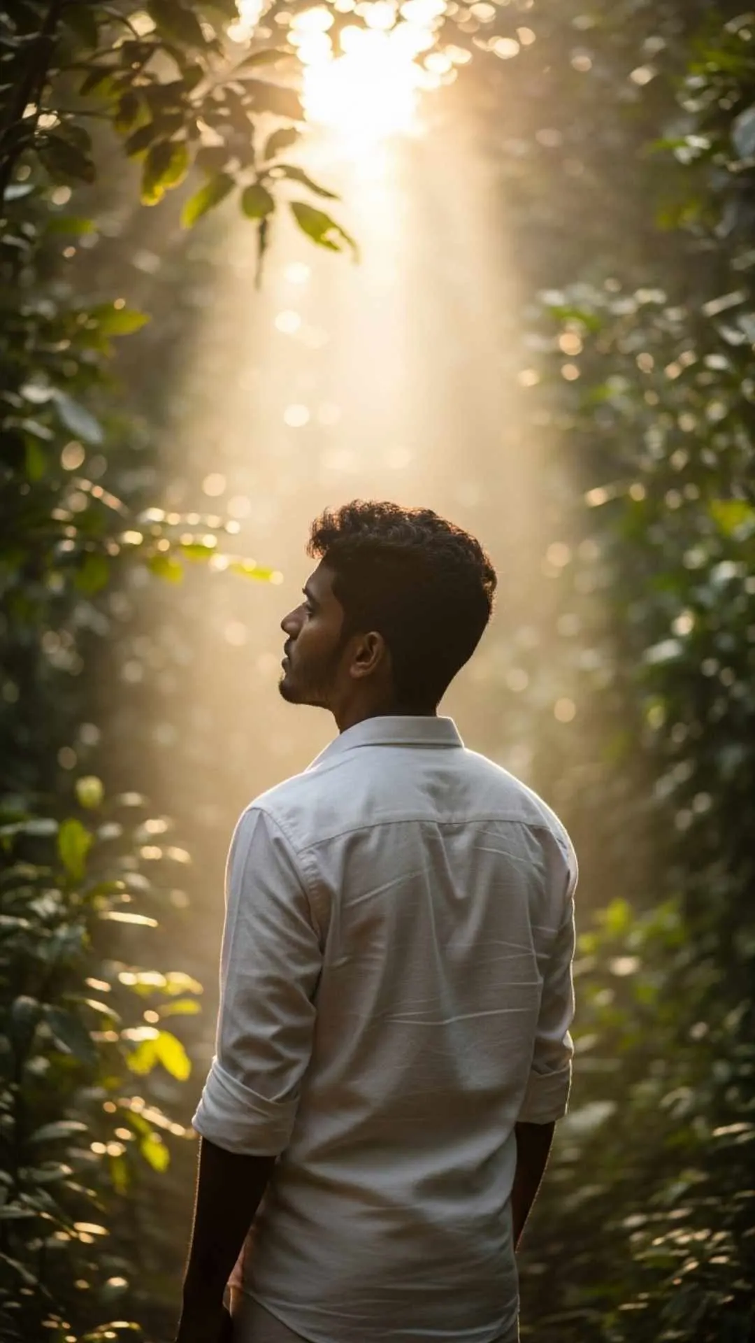 Backlit portrait of a young man amidst nature, offering an aesthetic and peaceful Instagram DP for boys.