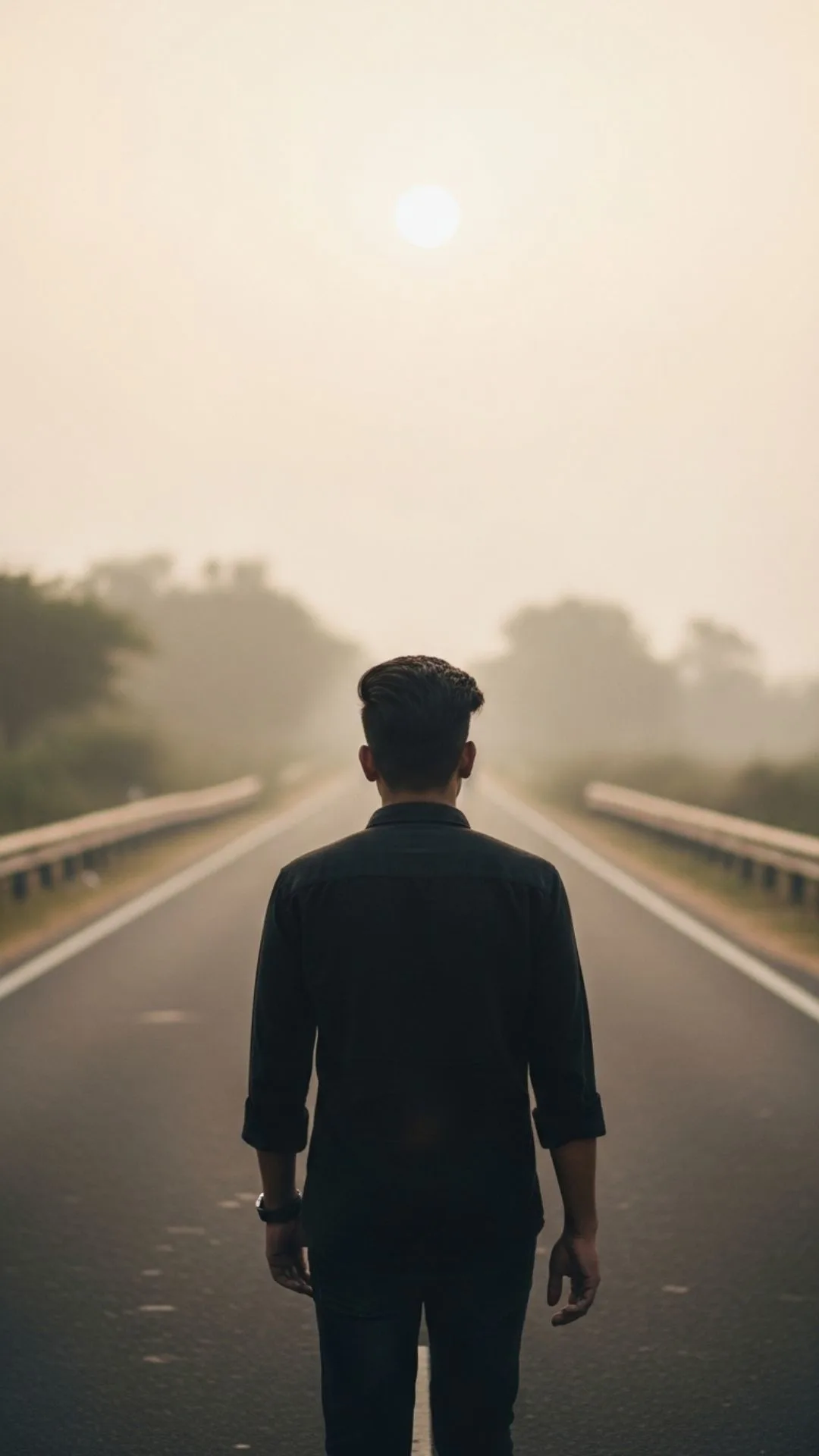 Backshot of a young man on an empty road during sunset, conveying a sad or contemplative Instagram DP for boys.