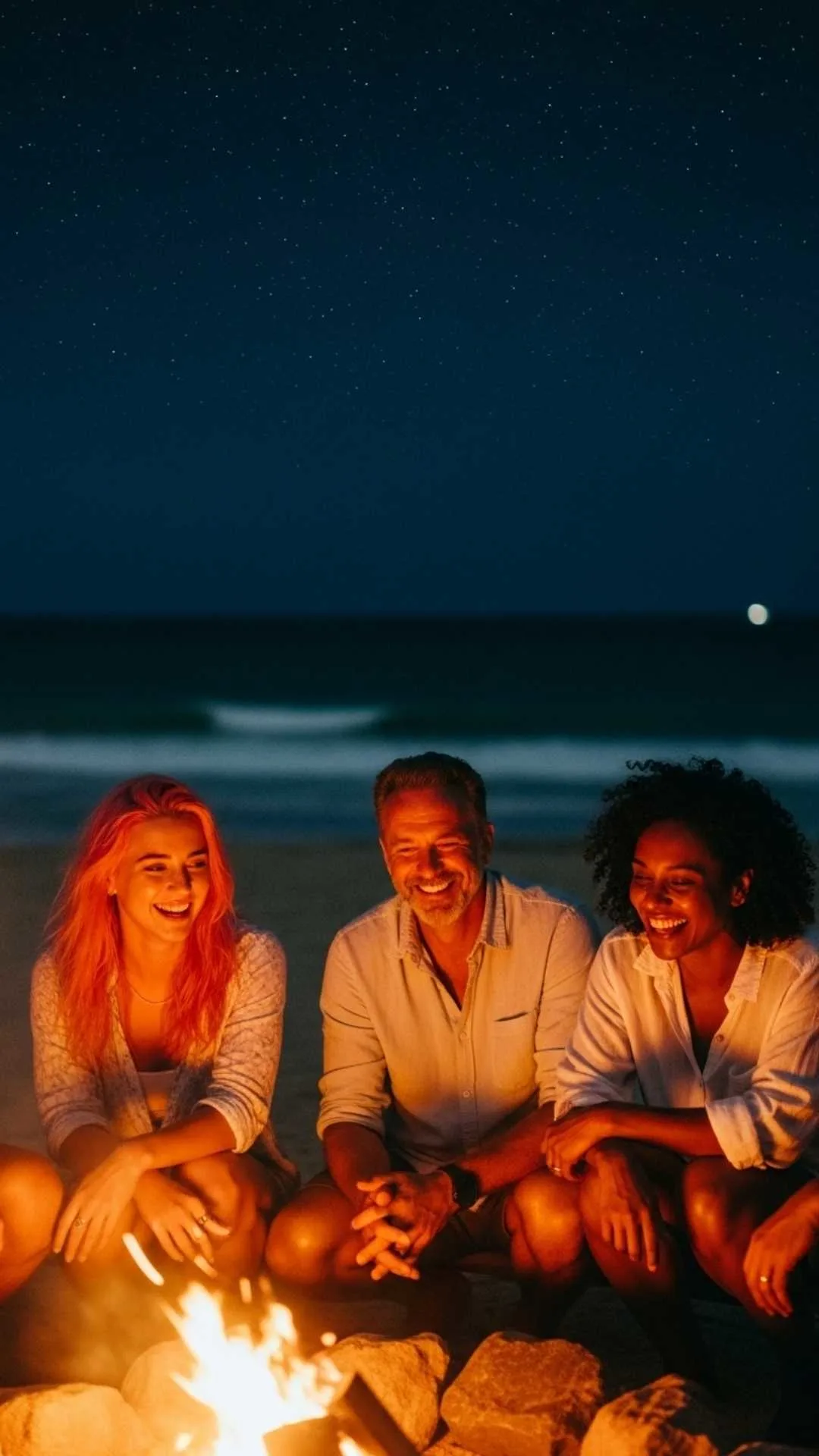 Friends sitting around a warm bonfire on the beach at night. A joyful and cozy DP for friendship, warmth, and good times