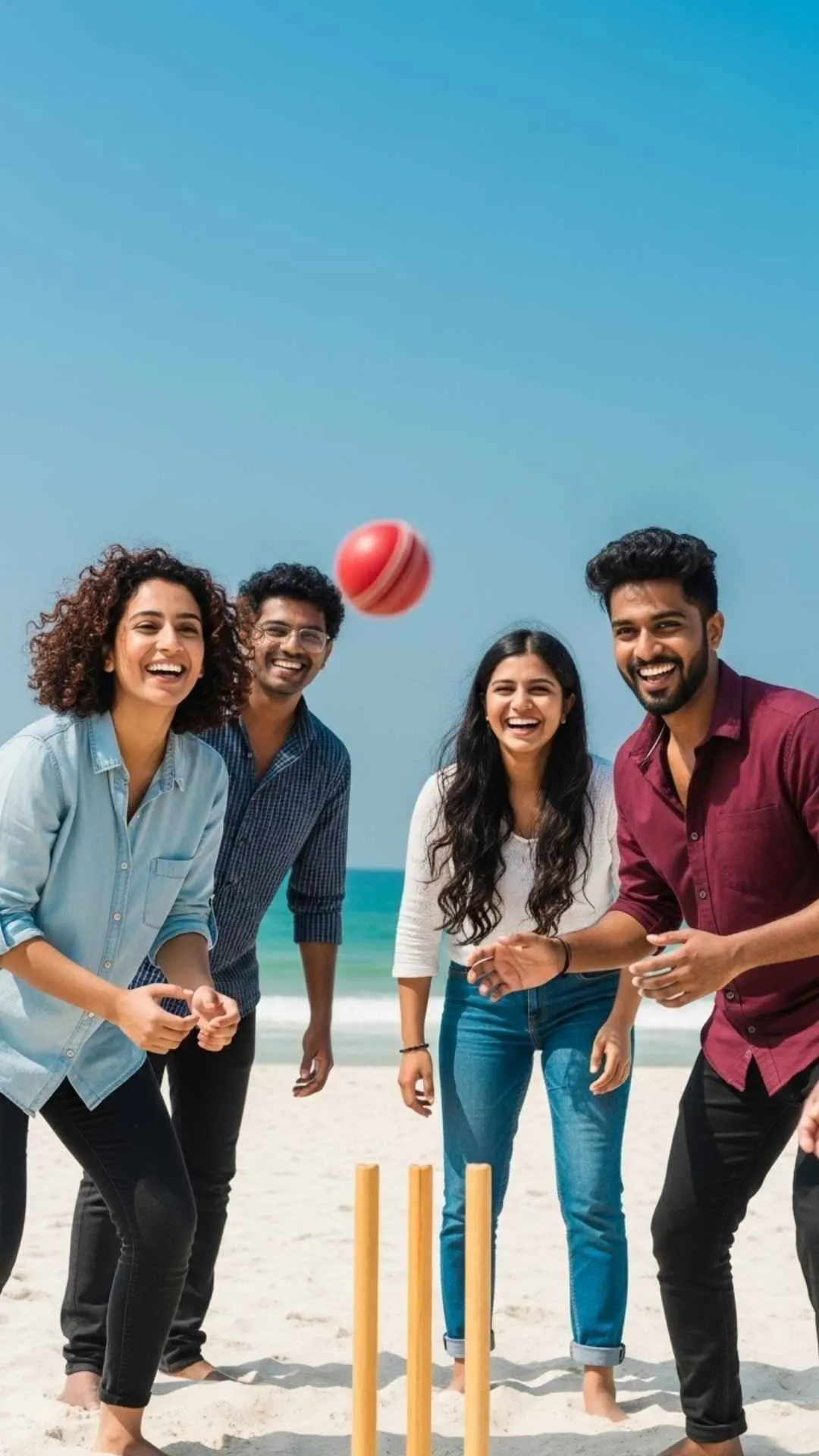 A group of happy friends laughing and playing cricket on an Indian beach. A joyful DP for WhatsApp celebrating friendship and happy moments.
