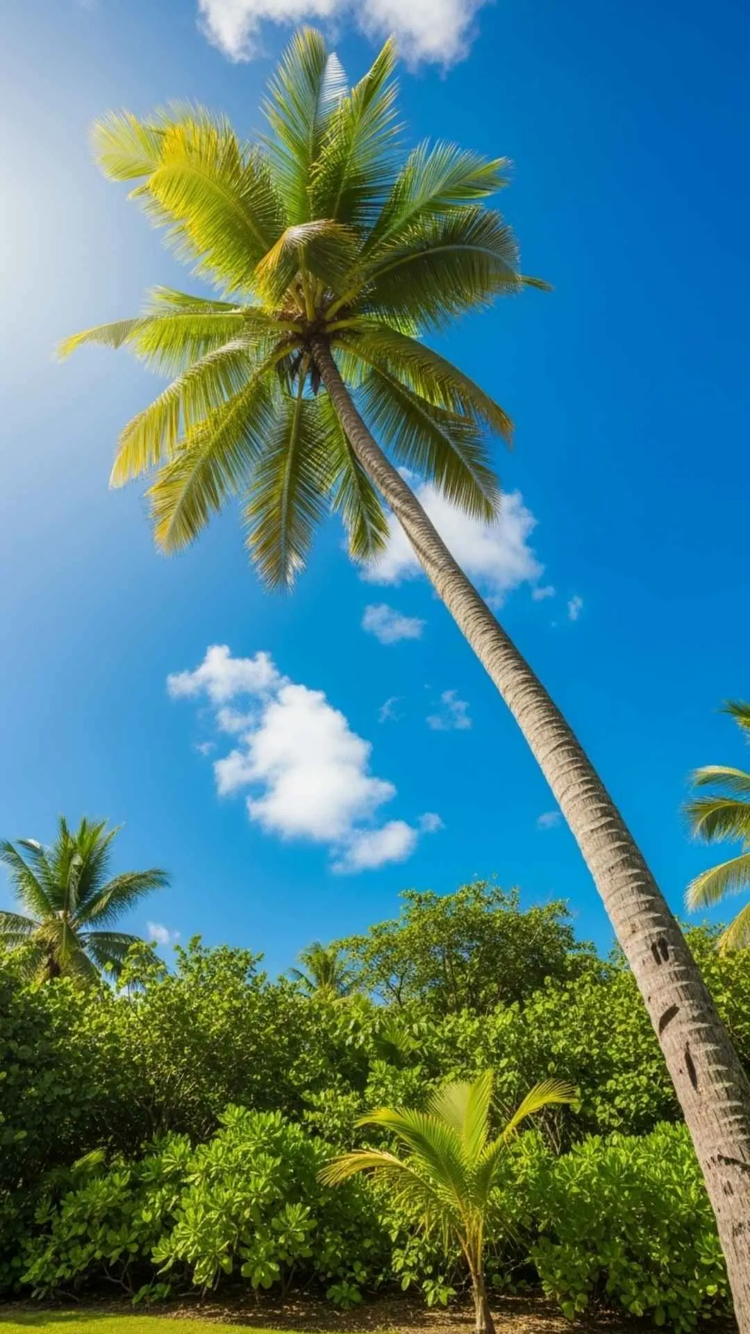 Looking up at a tall palm tree against a blue sky. A relaxing and life-loving DP that evokes a tropical vacation feel