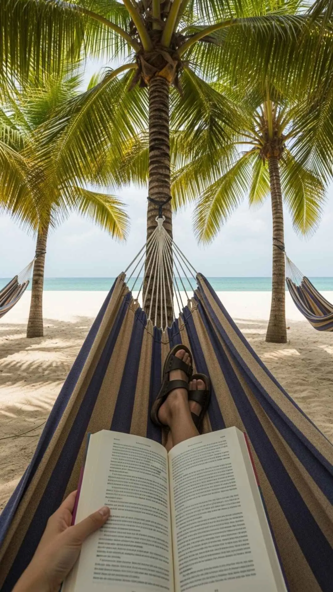 A person relaxing in a hammock and reading a book on the beach. A perfect healing DP for relaxation, self-care, and book lovers
