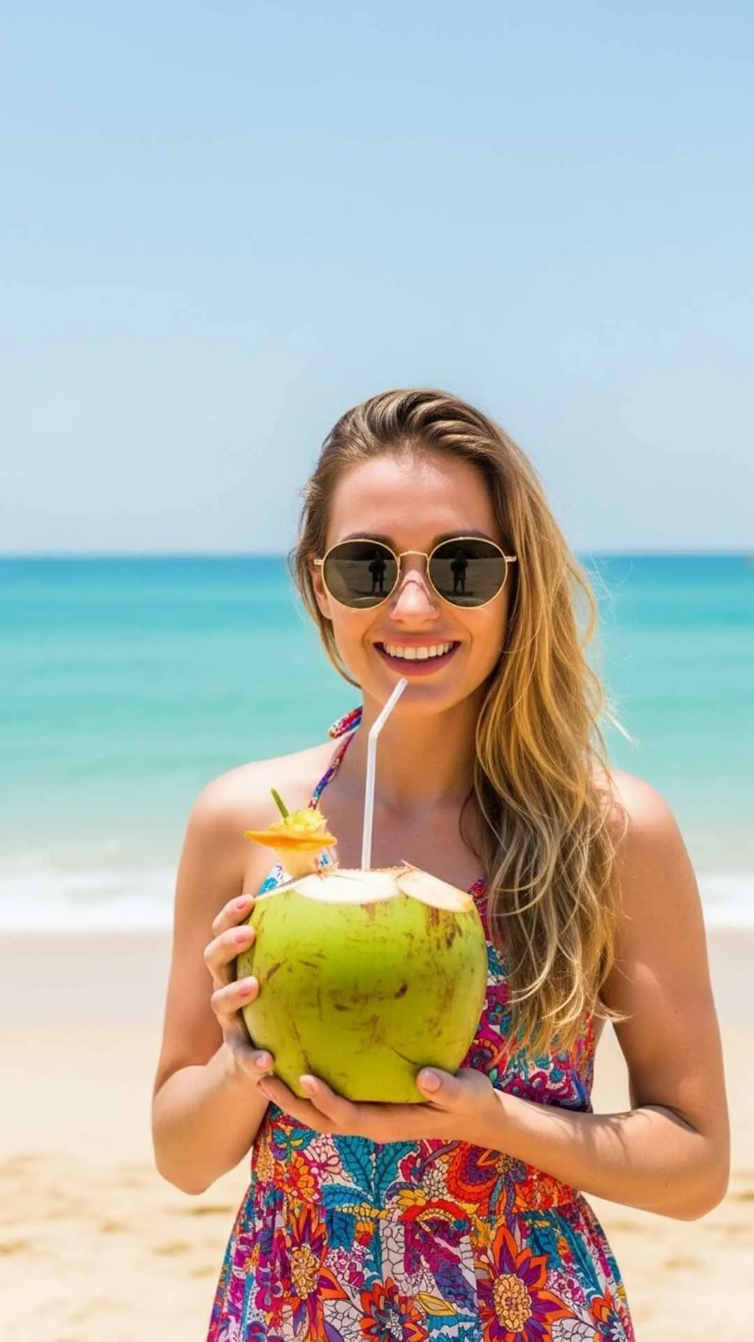 A refreshing coconut drink with a blurred sunny beach in the background. A cool and relaxing DP for vacation vibes and enjoying life