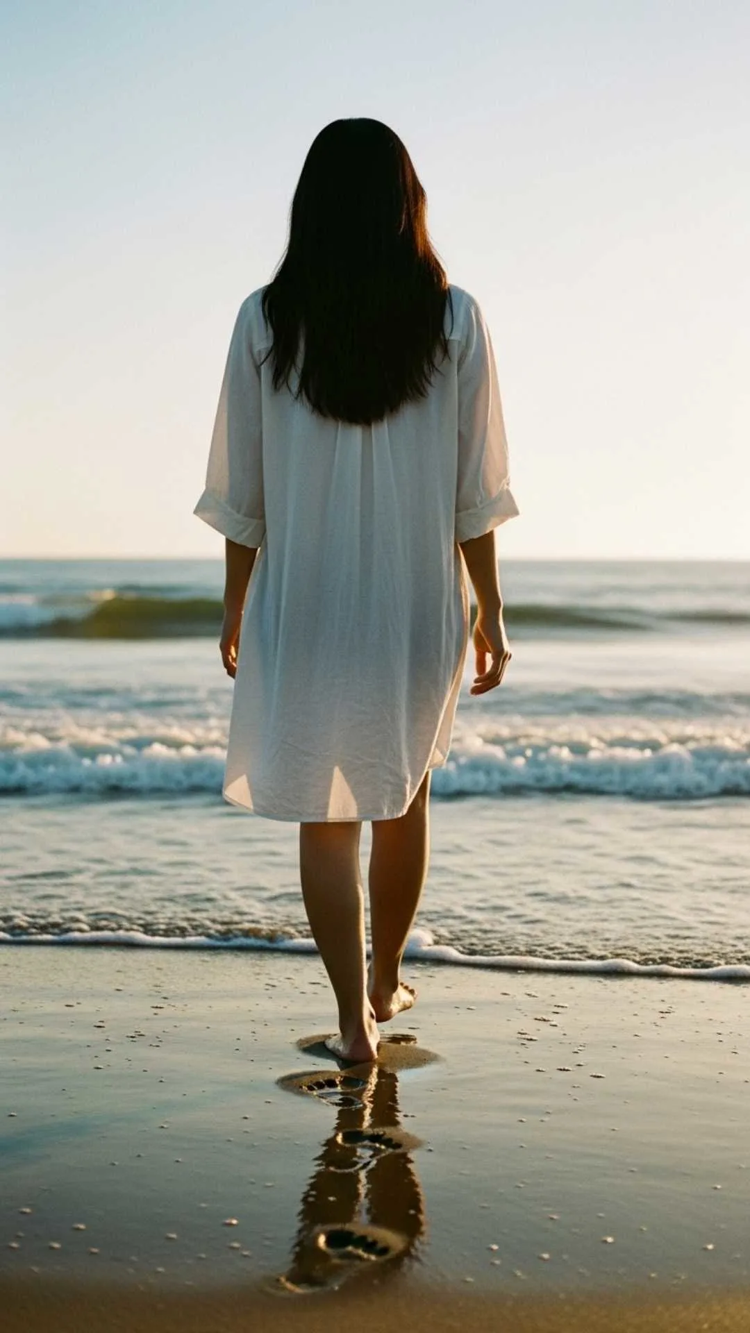 A person's feet walking alone on a wet sandy beach at sunset. An introspective and healing DP for self-reflection and peace.