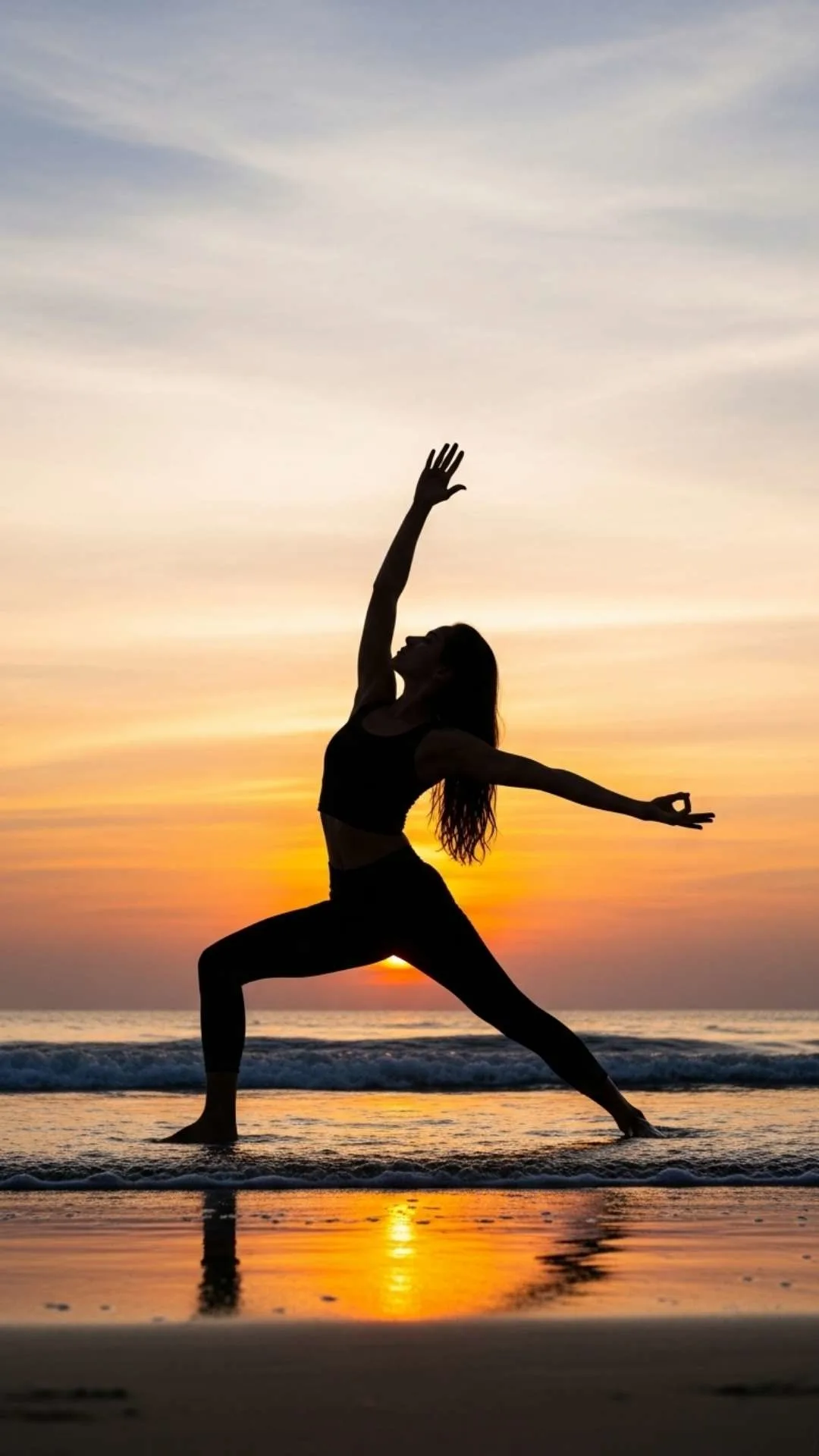 A woman practicing yoga on the beach at sunrise. A healing and spiritual DP for wellness, balance, and a fresh start.