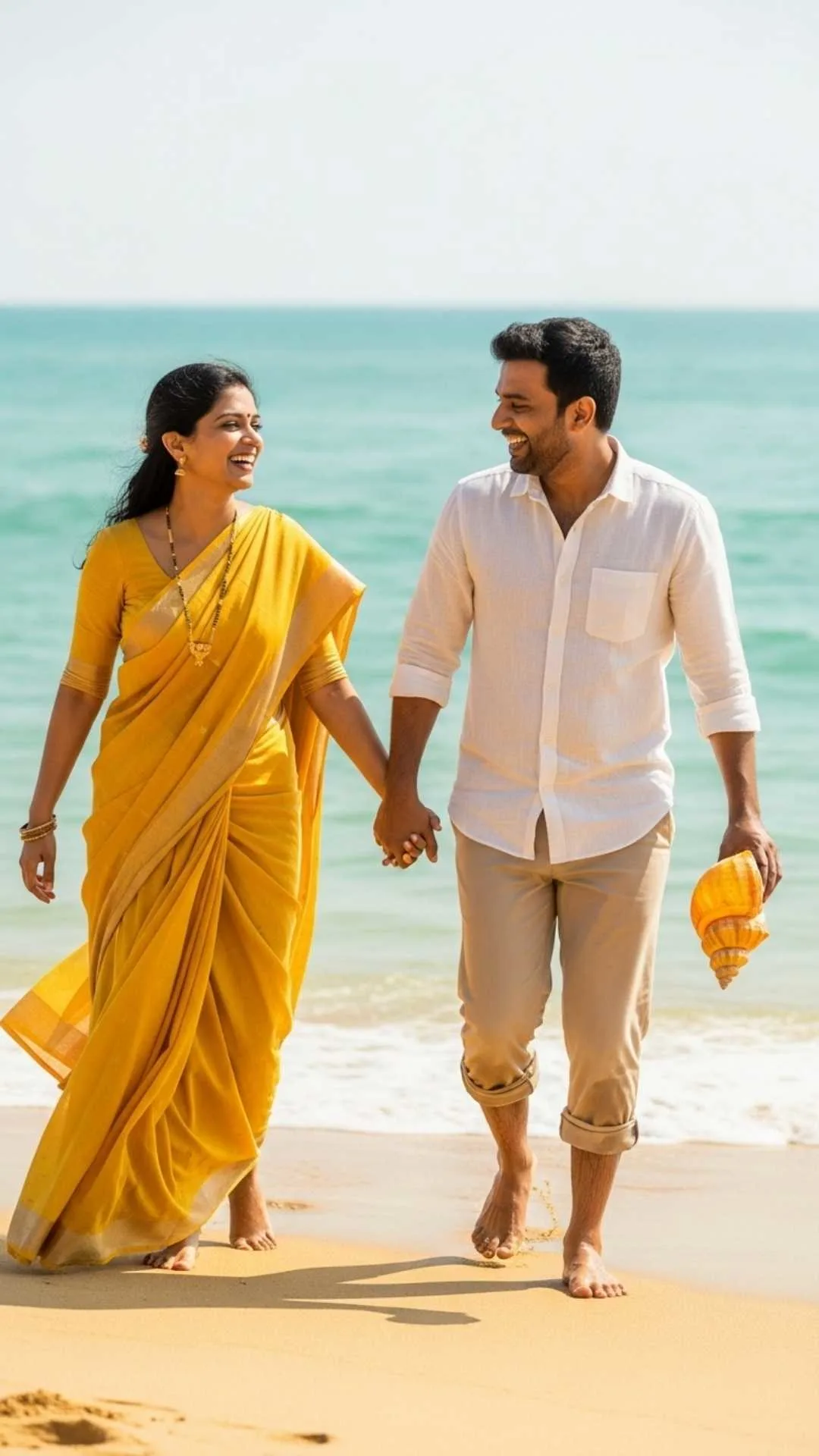 Happy Indian couple walking on sunny beach, footprints in sand, vibrant seashell, healing ocean view, joyful.