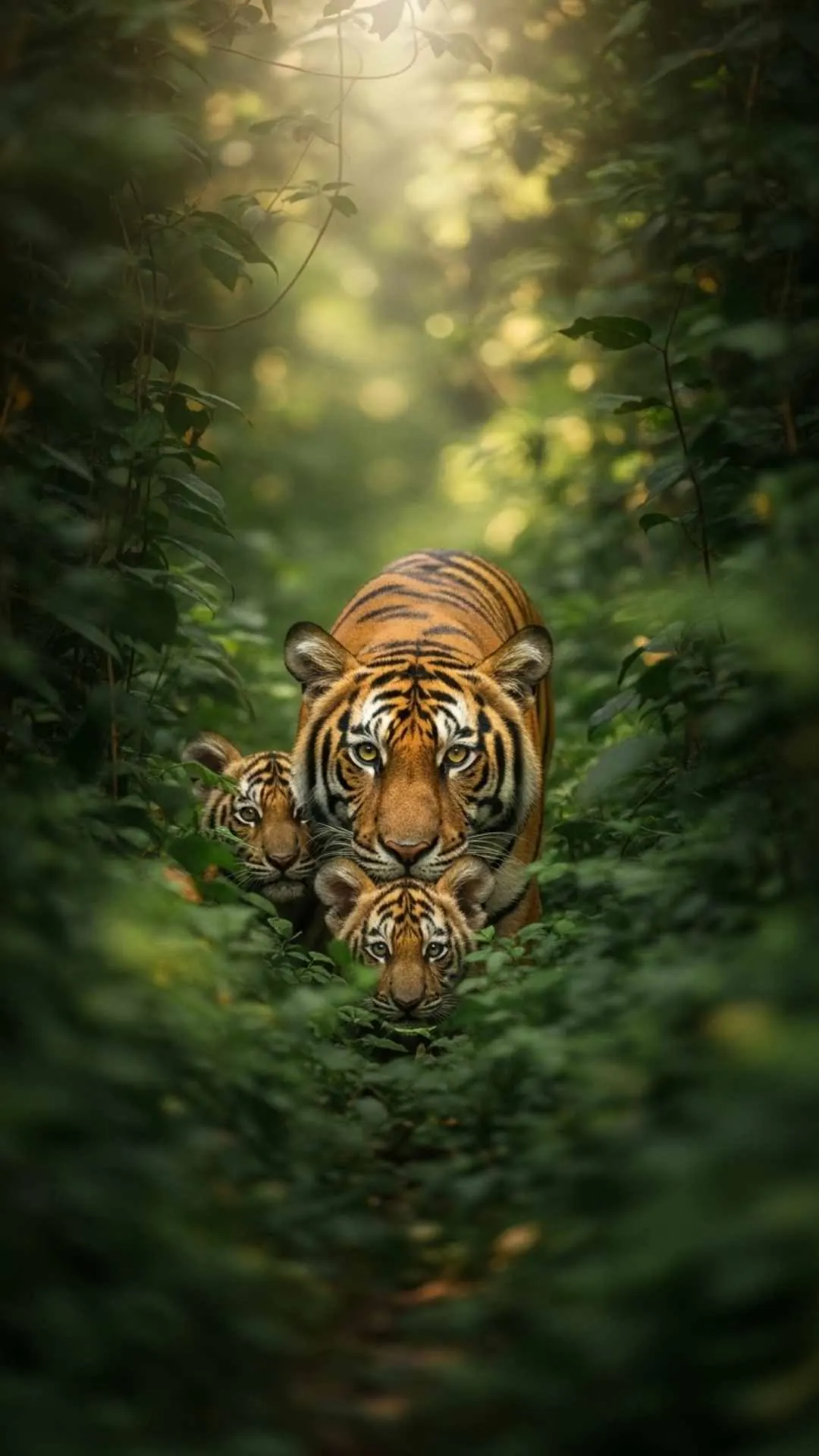 Powerful Bengal tiger DP for WhatsApp, subtly visible in dense green foliage. An impactful wildlife nature profile pic.