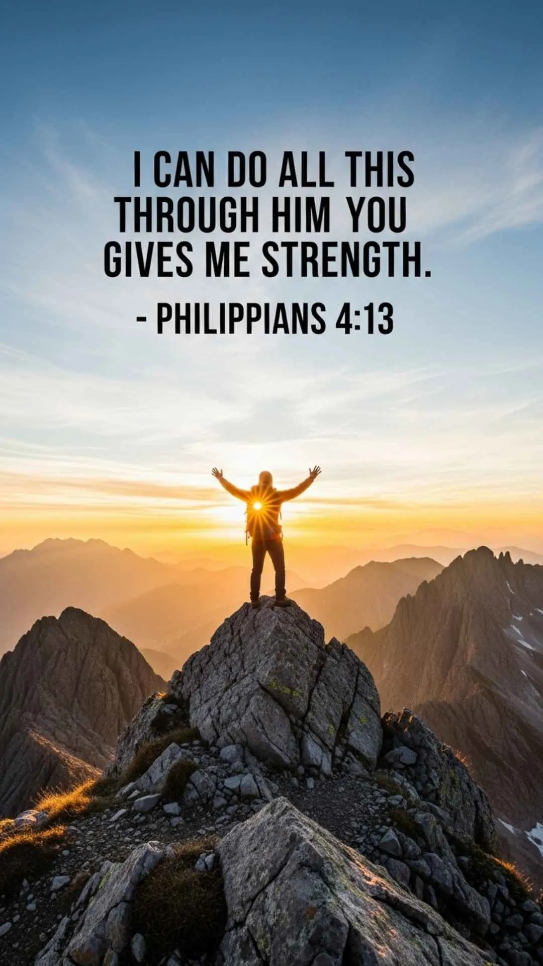 An inspiring DP with Philippians 4:13 over a majestic mountain sunrise, symbolizing strength and overcoming challenges through faith in Christ. #BibleVerse #Philippians413 #Strength #Faith #ChristianDP