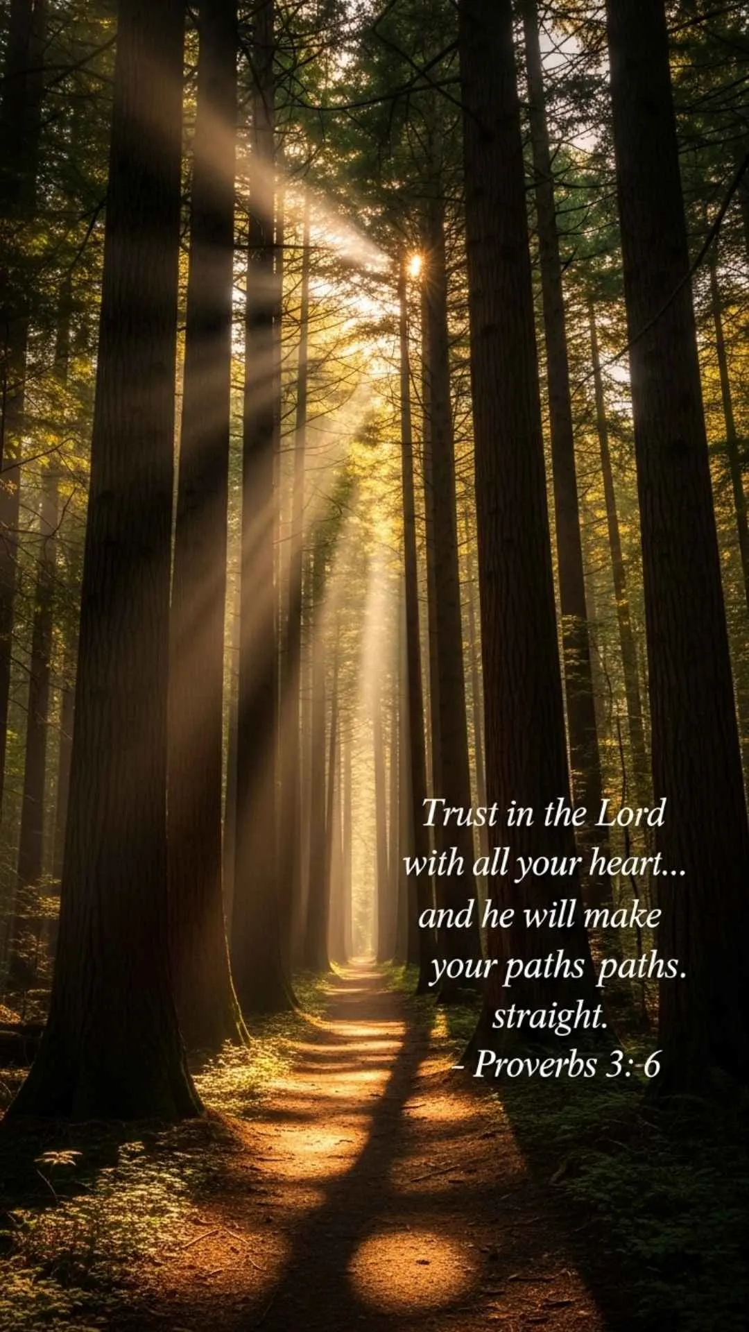 A peaceful DP with Proverbs 3:5-6 on a sunlit forest path, symbolizing God's guidance and the importance of trust. #BibleVerse #Proverbs35 #Guidance #TrustInTheLord #Faith