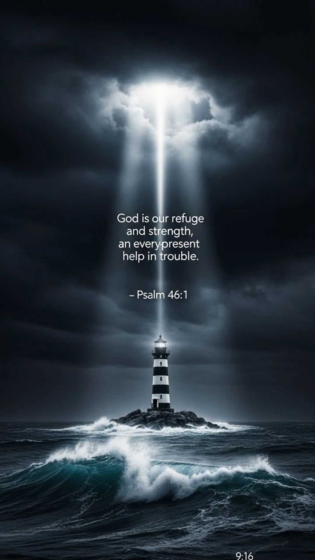 A dramatic DP with Psalm 46:1, showing a lighthouse in a storm, symbolizing God as a refuge and strength in troubled times. #BibleVerse #Psalm46 #Hope #Refuge #FaithDP