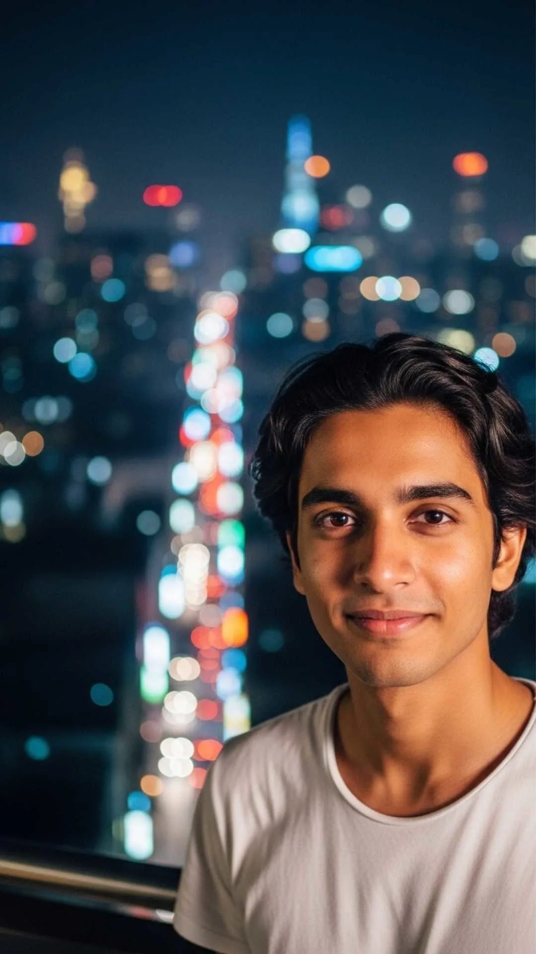 Portrait of a young man in sharp focus with a blurred city lights background, perfect for a stylish Instagram DP for boys.