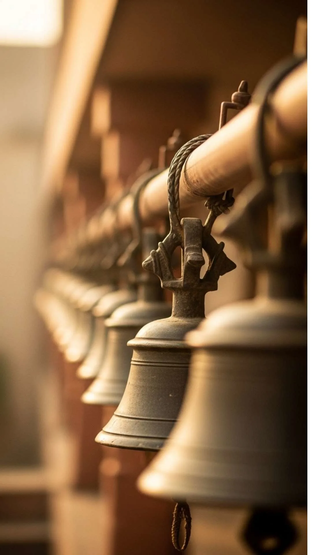 Blurred temple bells DP, atmospheric sadness, distant hope, Indian spiritual motif, soft focus aesthetic.