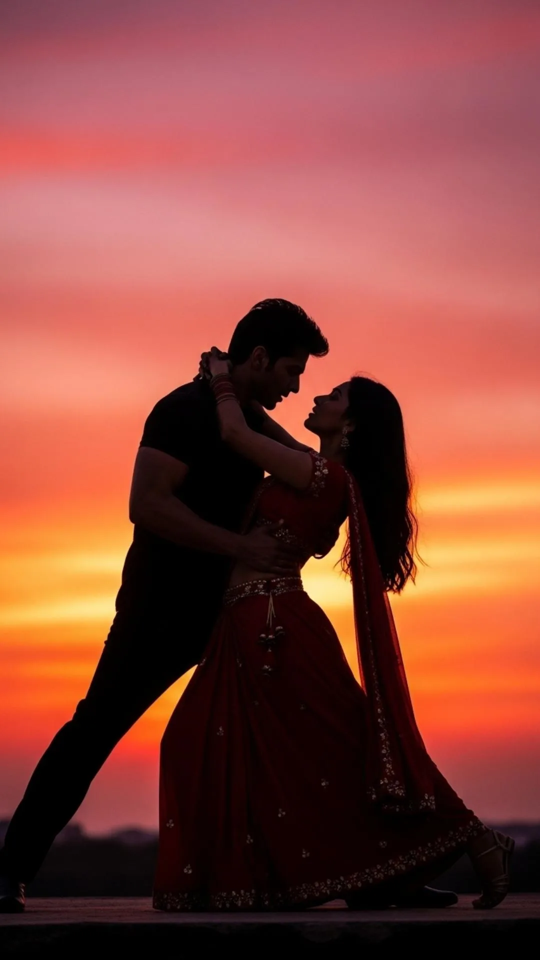 Silhouetted romantic couple in a Bollywood pose against a sunset, a romantic Bollywood couple DP for Indian love stories.