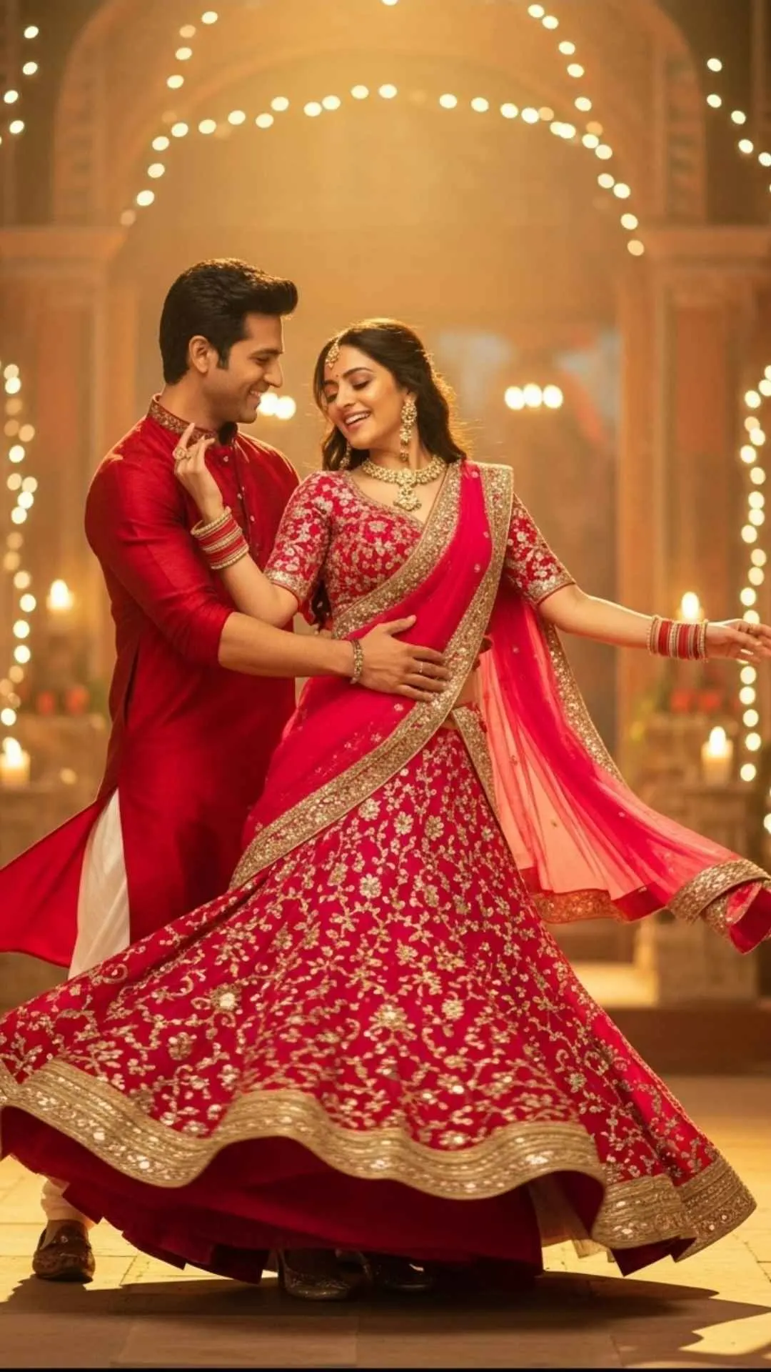Bollywood dance couple DP for Instagram, romantic Indian film style profile picture, joyful dancing couple, vibrant love DP.