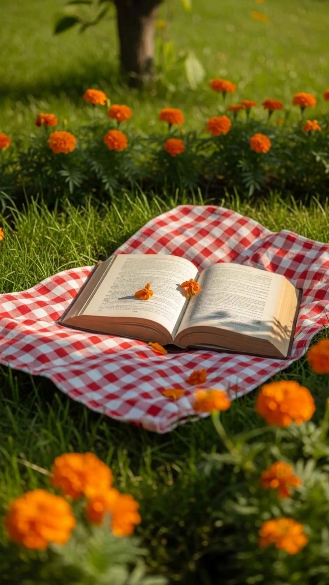 An open book surrounded by marigold flowers on the grass. A peaceful and healing floral DP for WhatsApp, symbolizing relaxation and quiet enjoyment. #reading #marigolds #peacefulmoment