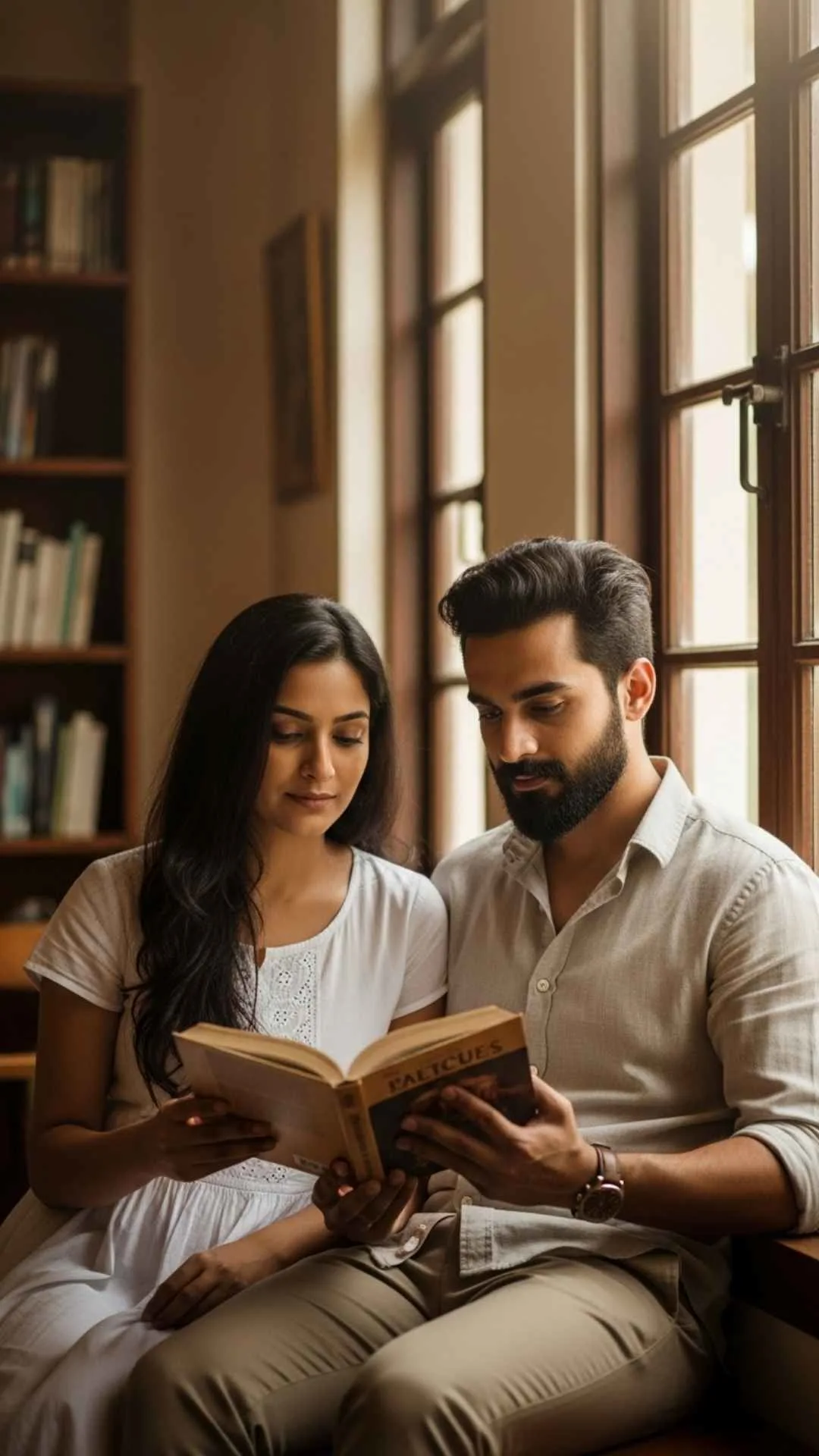 Cute book lover couple DP for Instagram, intellectual romantic profile picture, couple reading together, cozy literary love.
