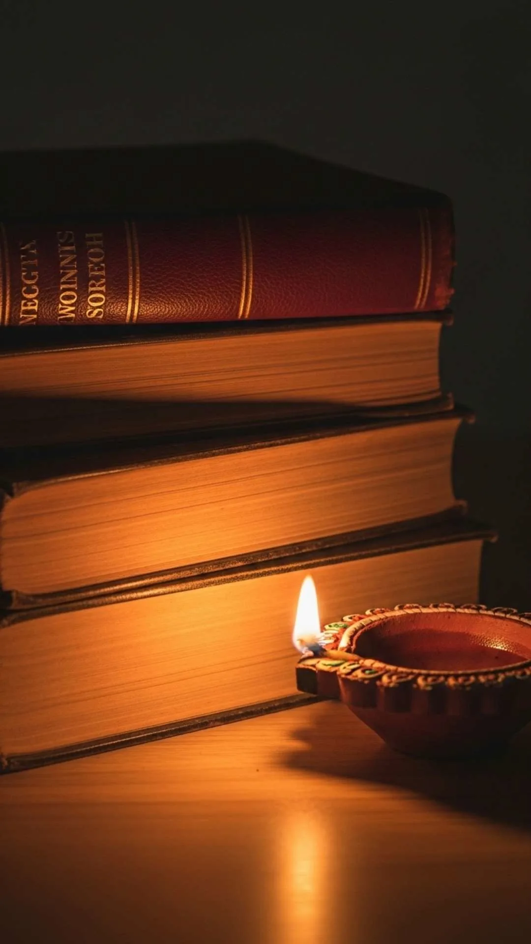 Cozy aesthetic DP, stack of old books, flickering Indian diya lamp, warm soft light, intellectual profile picture, traditional warmth.