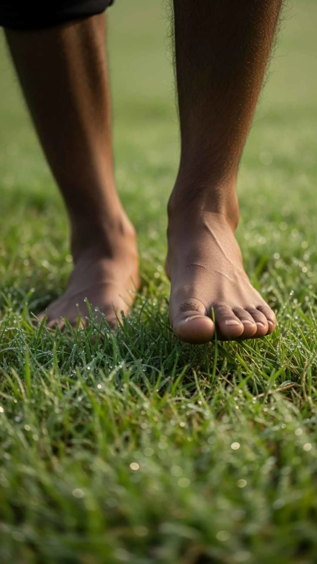 Grounded attitude DP, bare feet on grass, natural healing profile