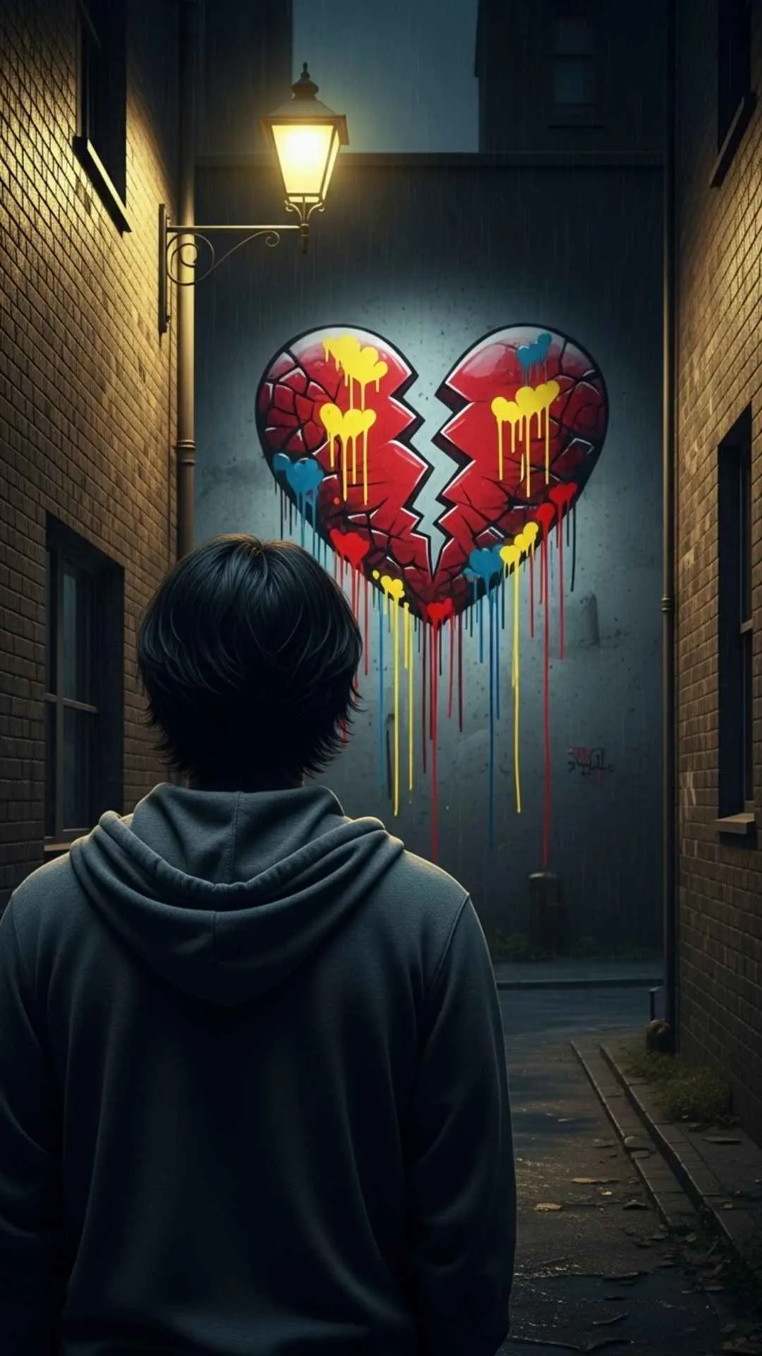 A cool and sad boy DP featuring graffiti of a broken heart on a wall, an urban image of heartbreak