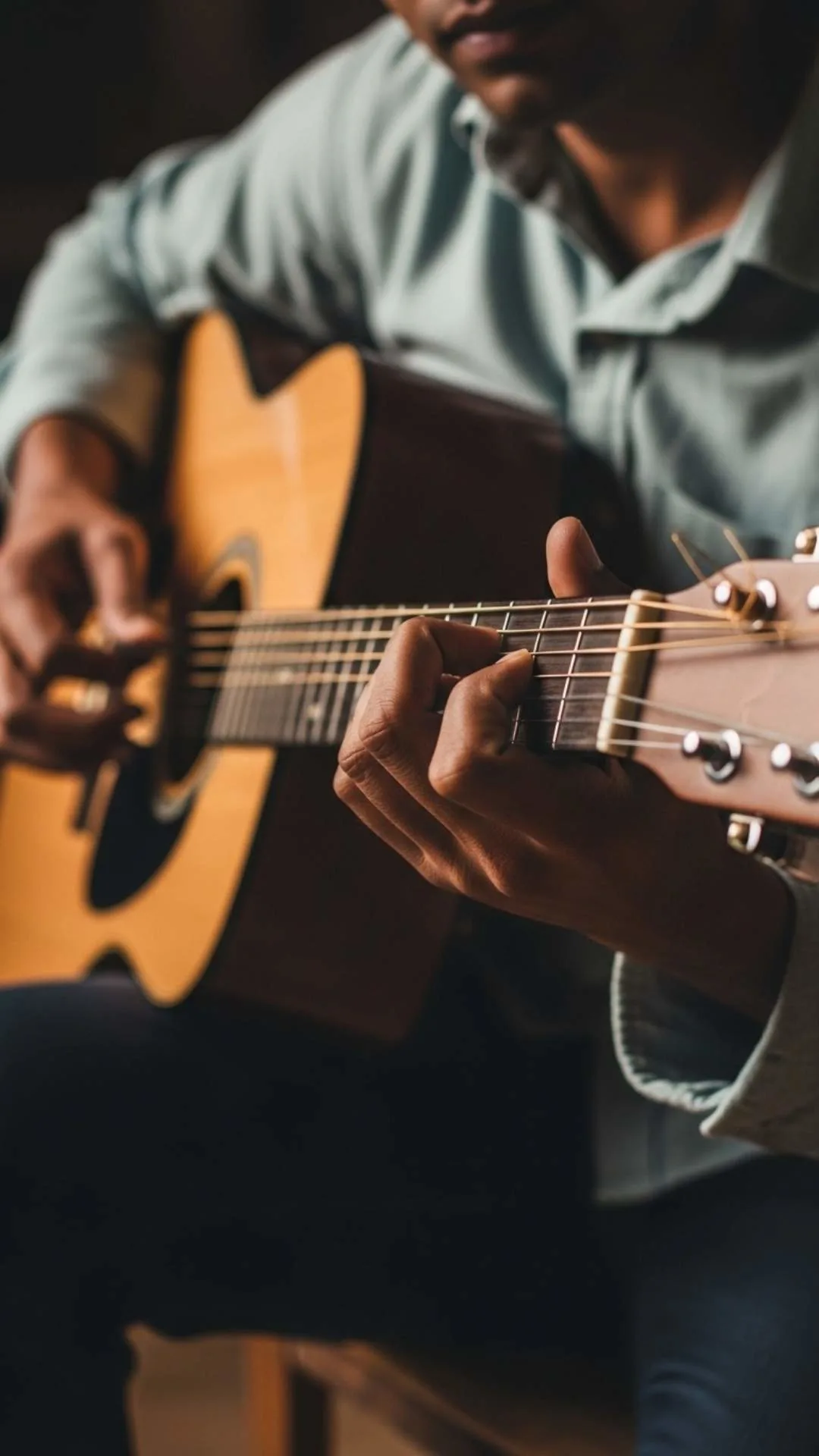 Musical attitude DP, hands playing guitar, peaceful creative profile