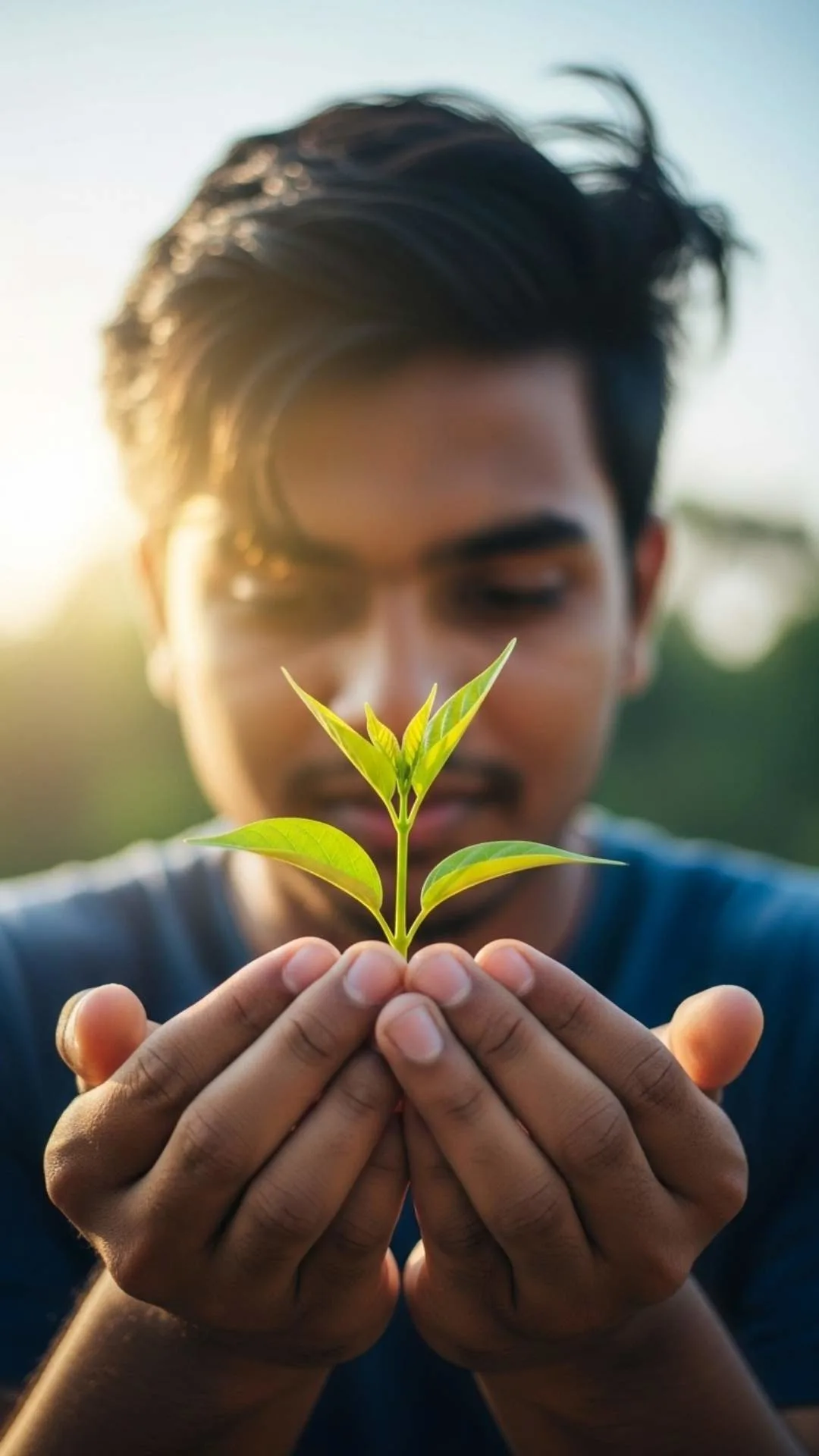Healing attitude DP for boys, hands holding green plant, positive growth profile picture.