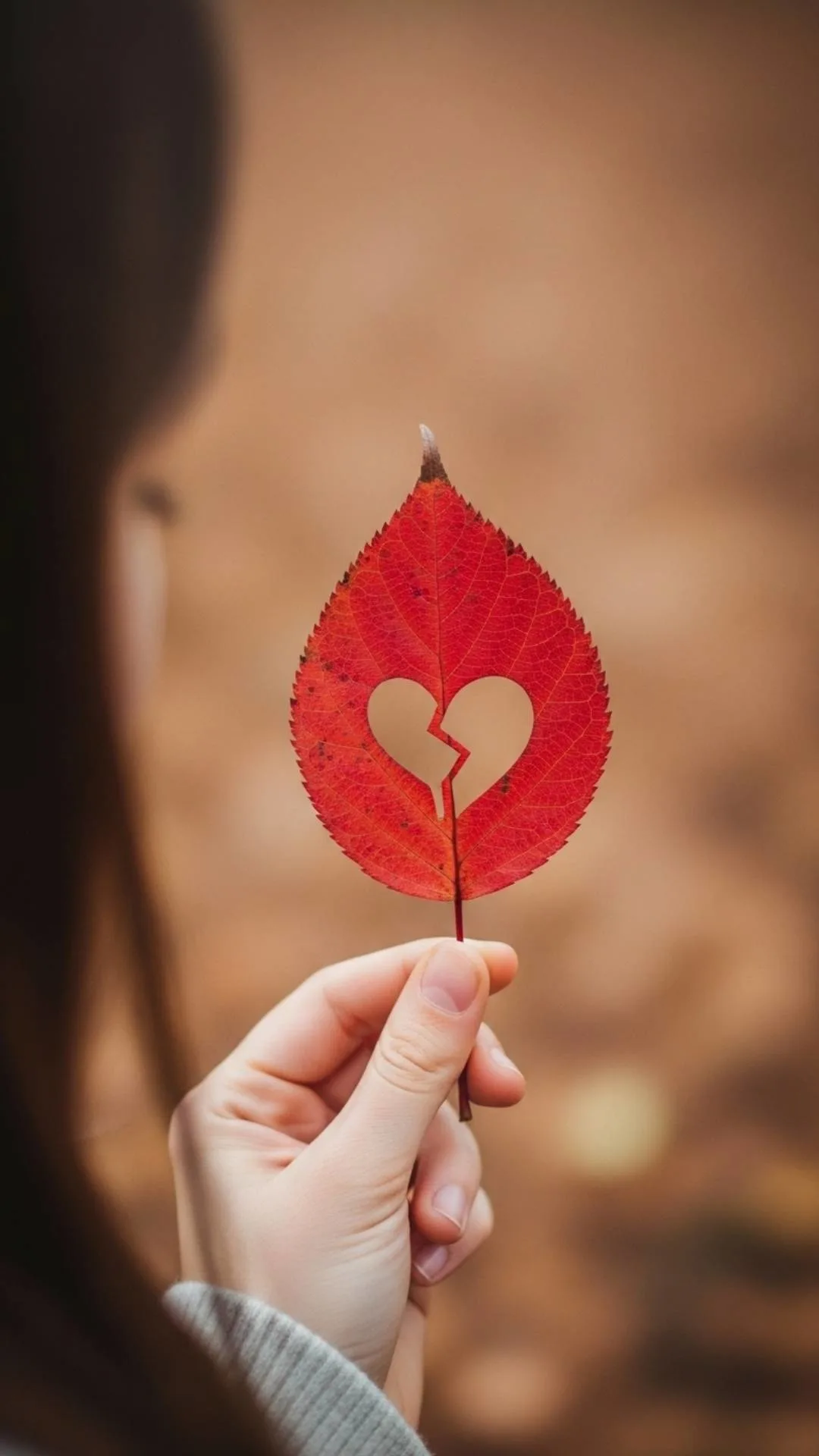 A unique nature DP for girls with a broken heart, showing a hand holding a leaf with a heart-shaped tear.