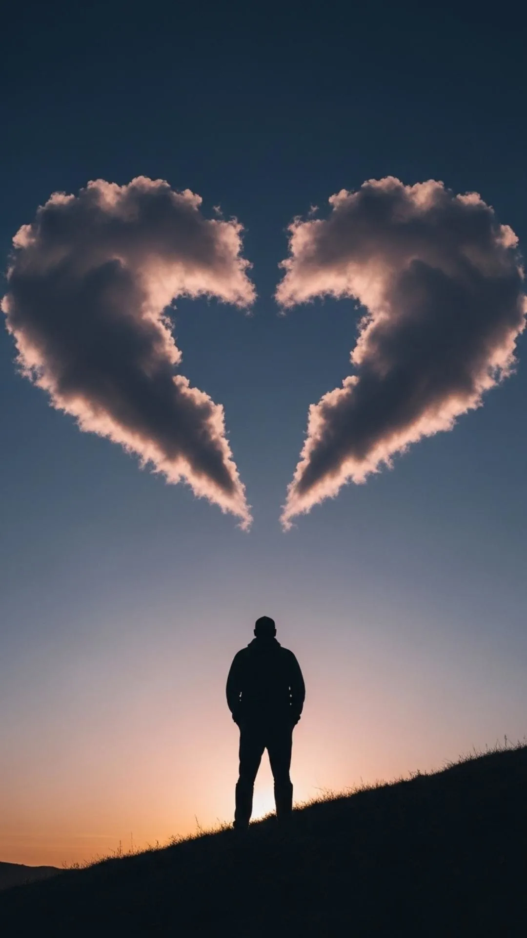 A lonely boy DP watching two clouds shaped like a broken heart drift apart, symbolizing a sad breakup