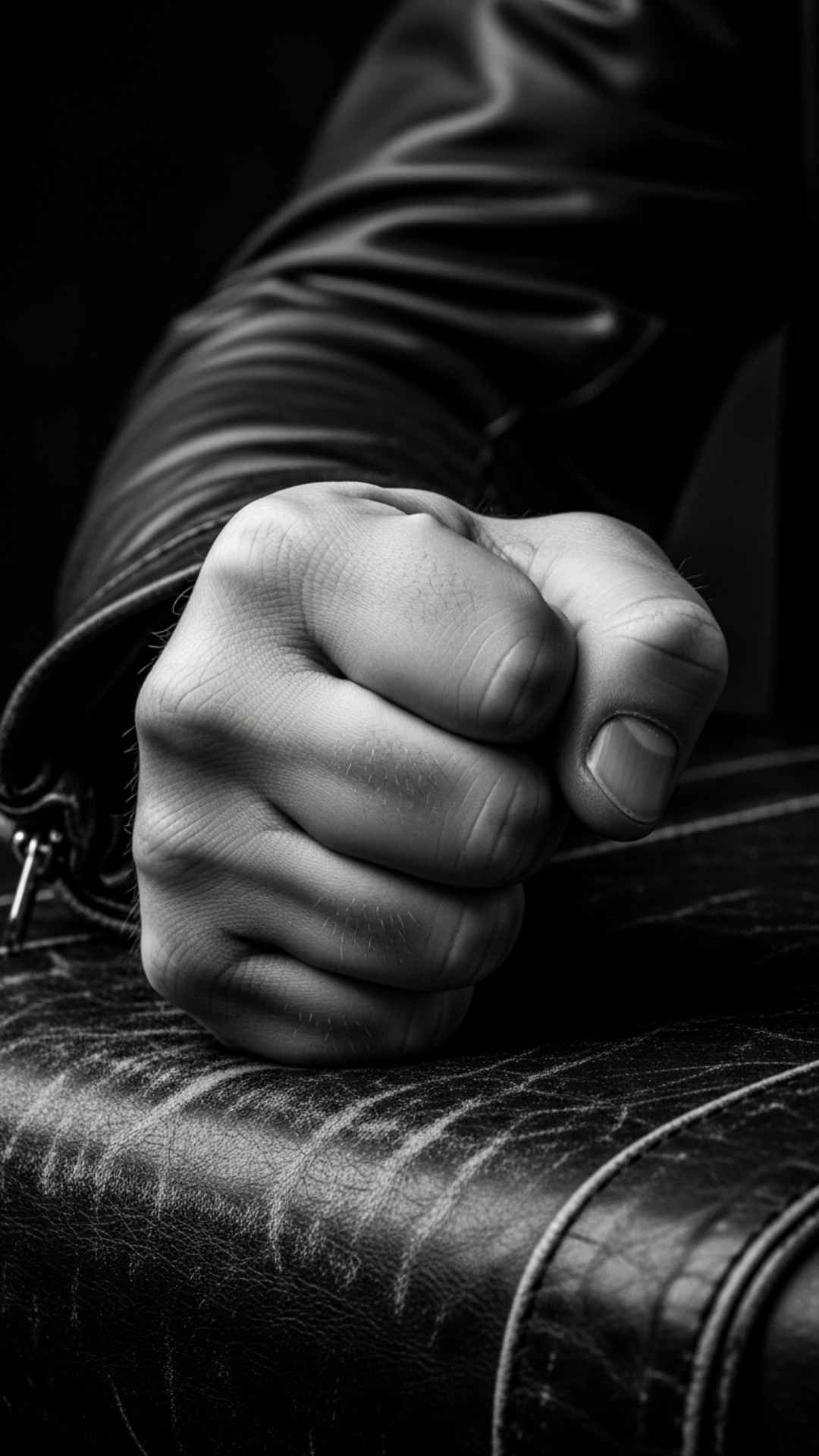 A black and white, high-contrast photo of a man's tightly clenched fist, symbolizing suppressed inner turmoil, controlled pain, and silent suffering