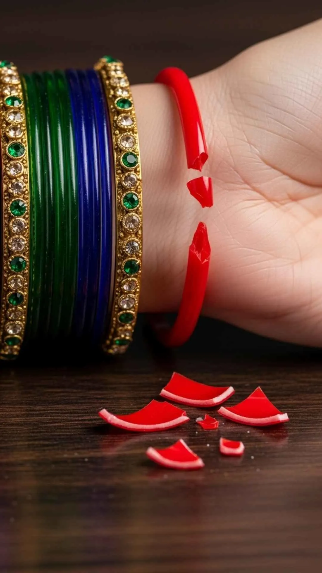 A broken red glass bangle on a woman's wrist, a symbolic broken heart DP for girls