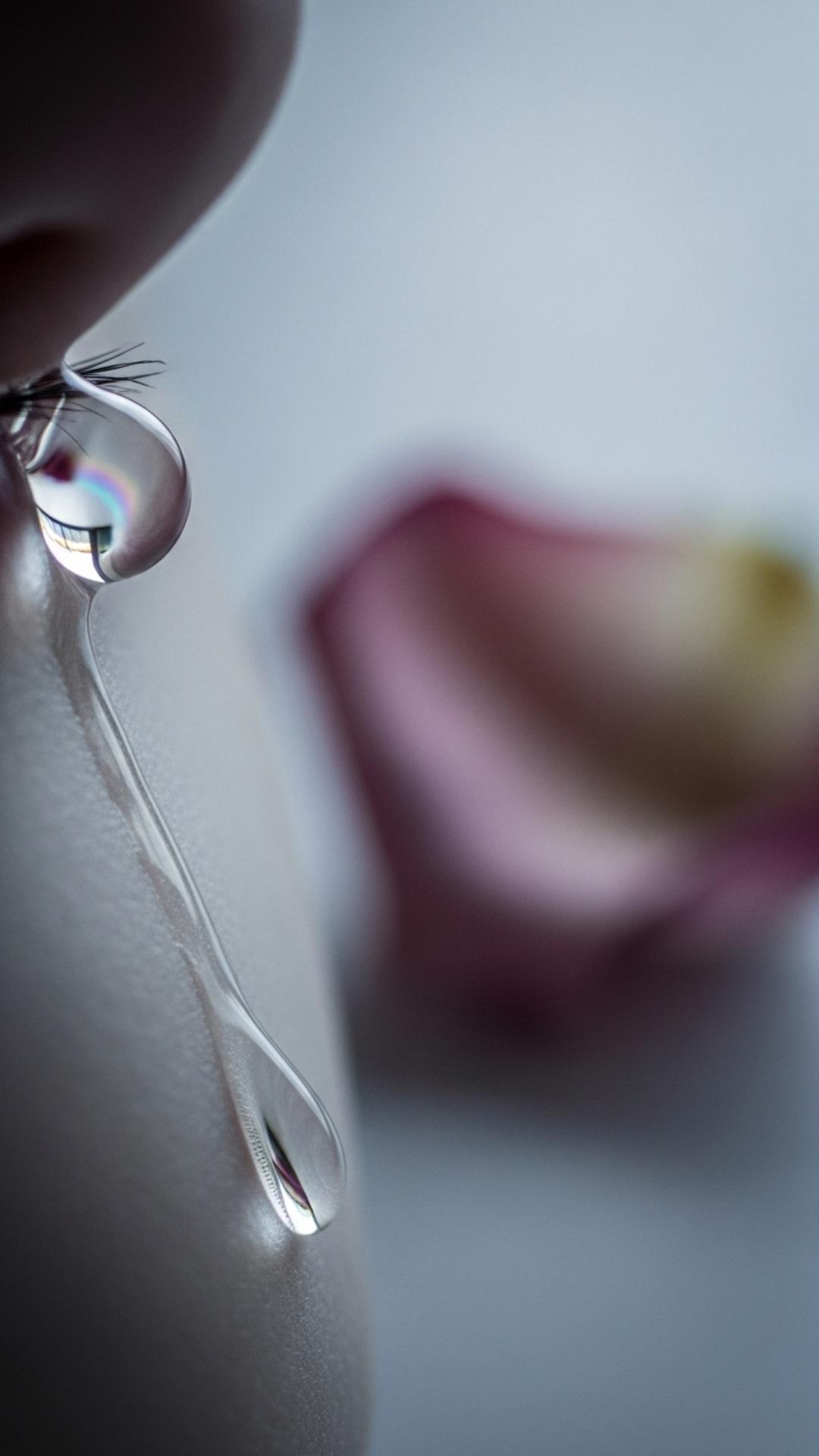 A poetic and melancholic close-up of a tear on a cheek, with a wilted rose petal blurred in the background, symbolizing heartbreak and loss