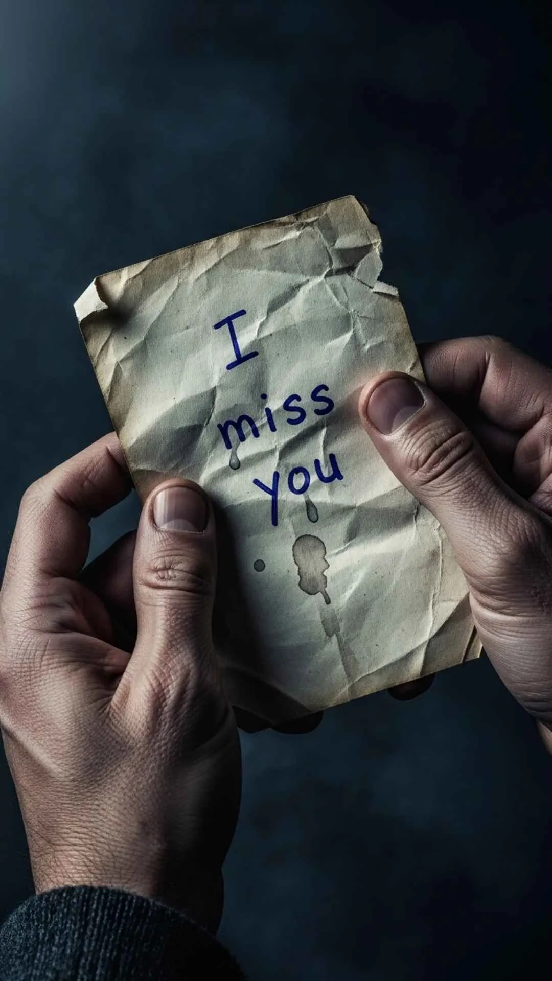 Hands holding a crumpled 'I miss you' letter, a very sad broken heart DP image.
