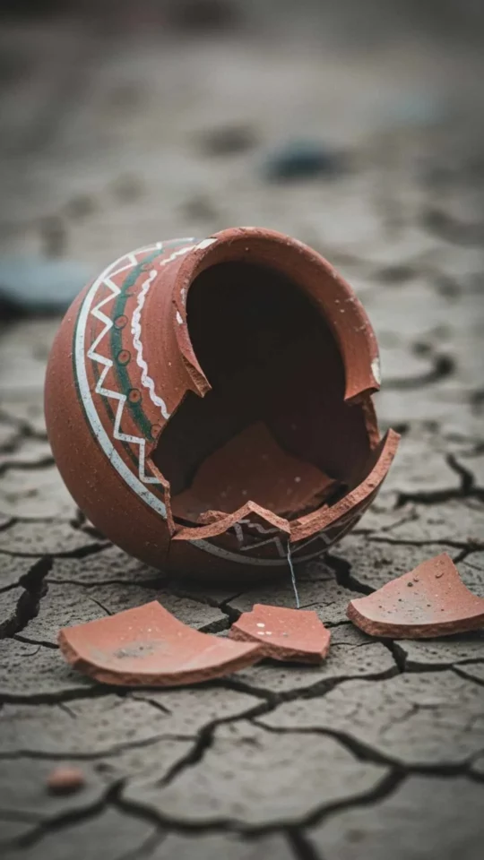 Broken matka DP, shattered clay pot, heartbreak symbol, dry earth, Indian loss aesthetic, emotional profile picture.