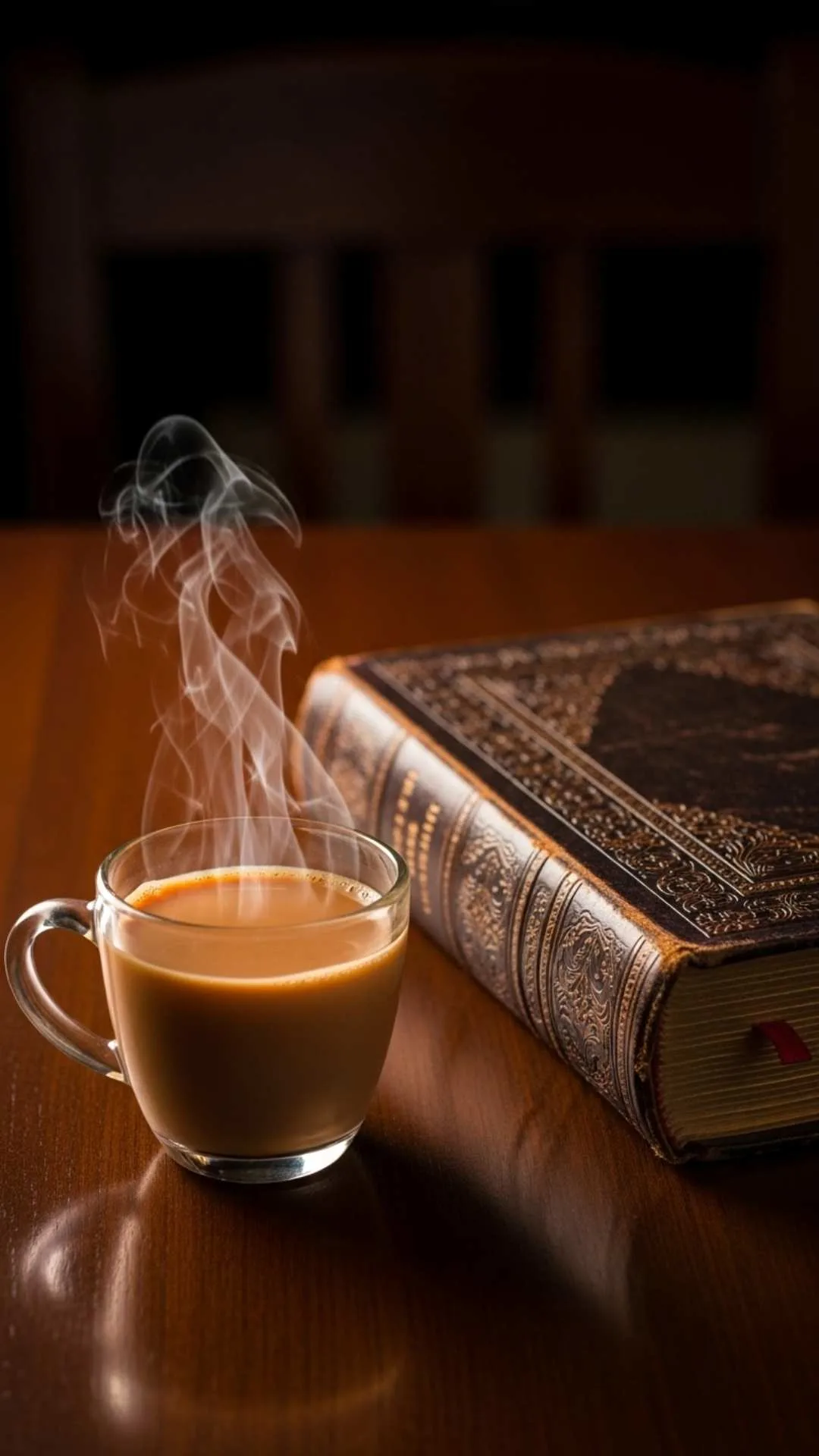 Chai tea aesthetic DP, steaming cup of Indian chai, vintage book, cozy dark academia vibe, warm lighting, literary profile picture